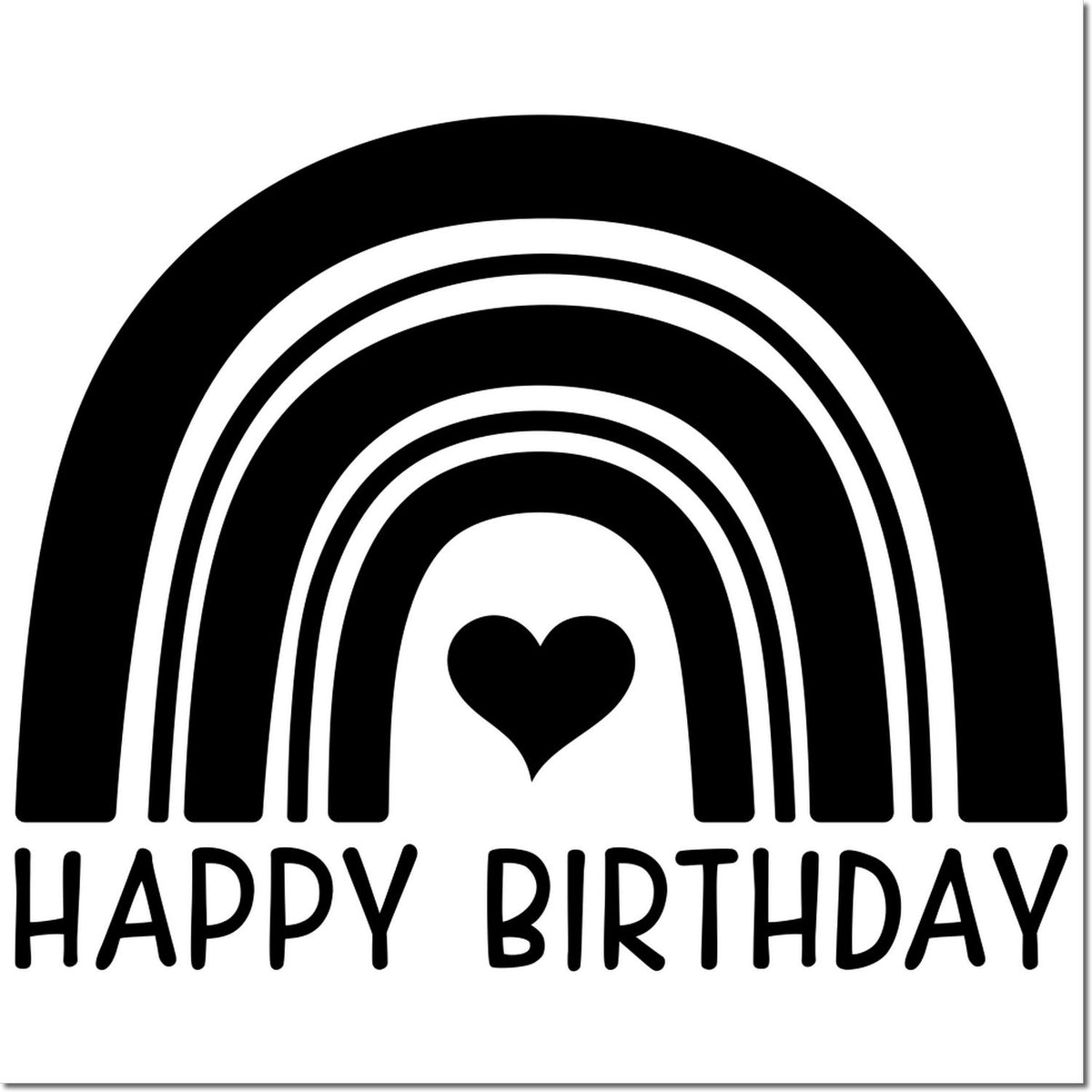 Happy Birthday rainbow heart rubber stamp design with retro black rainbow and heart icon.