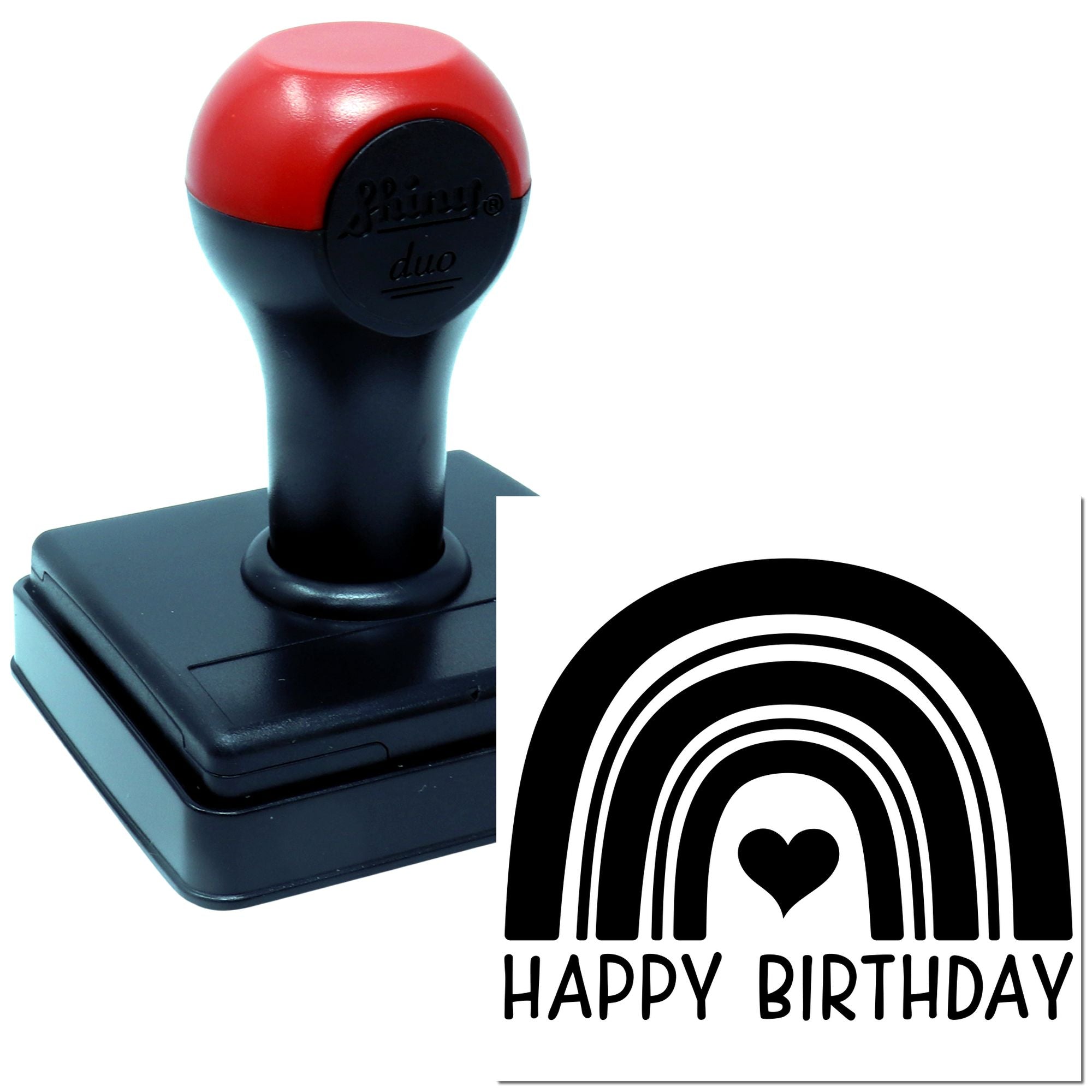 Self-inking rubber stamp with rainbow heart and Happy Birthday design for cards, crafts, and party stationery.