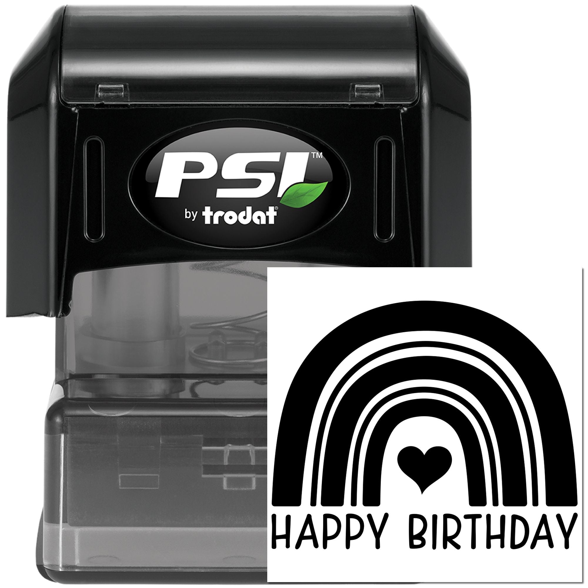 Custom self-inking rubber stamp by PSI Trodat with Happy Birthday rainbow heart design for birthday cards and crafts