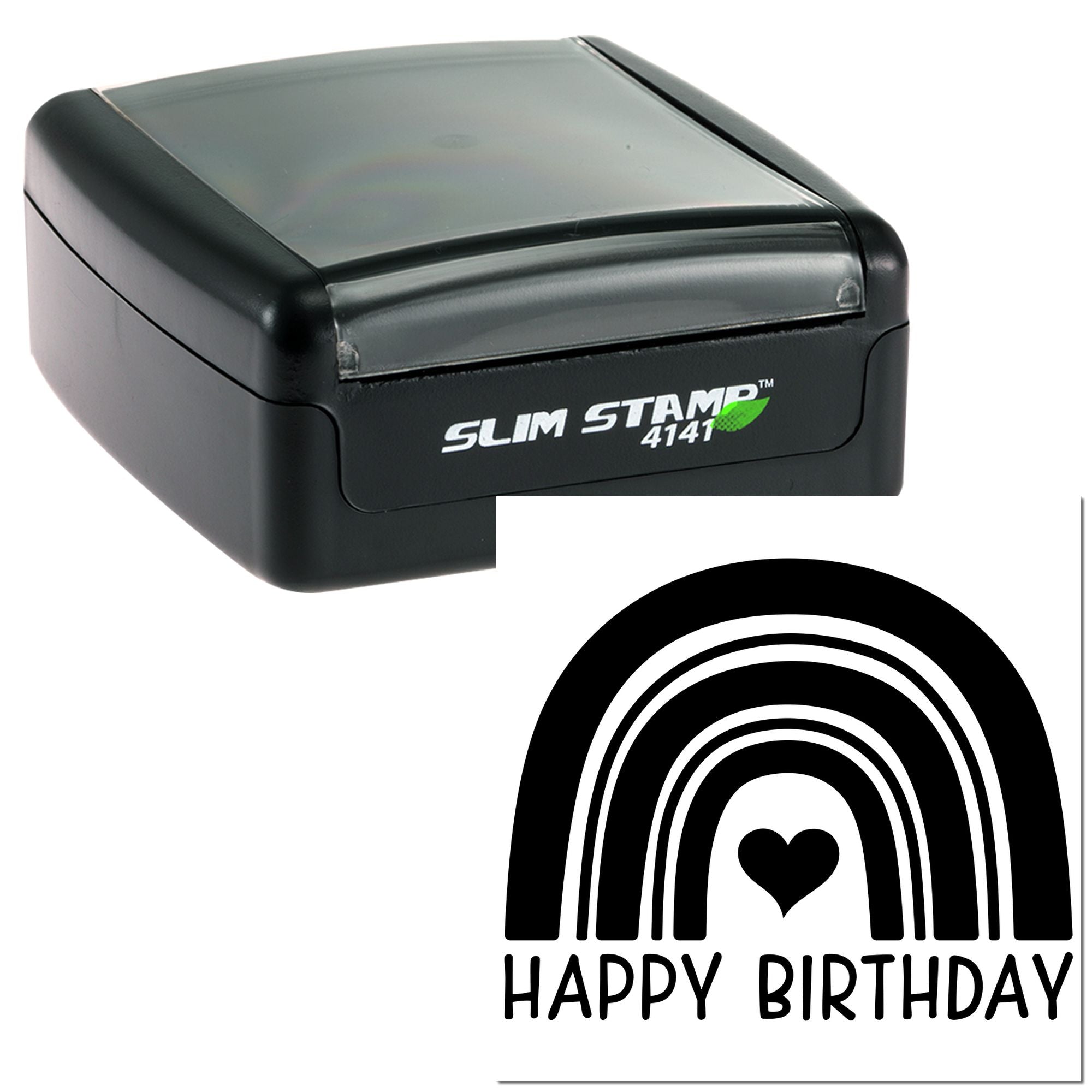 Slim Stamp self-inking rubber stamp with Happy Birthday rainbow heart design for custom birthday cards and crafts