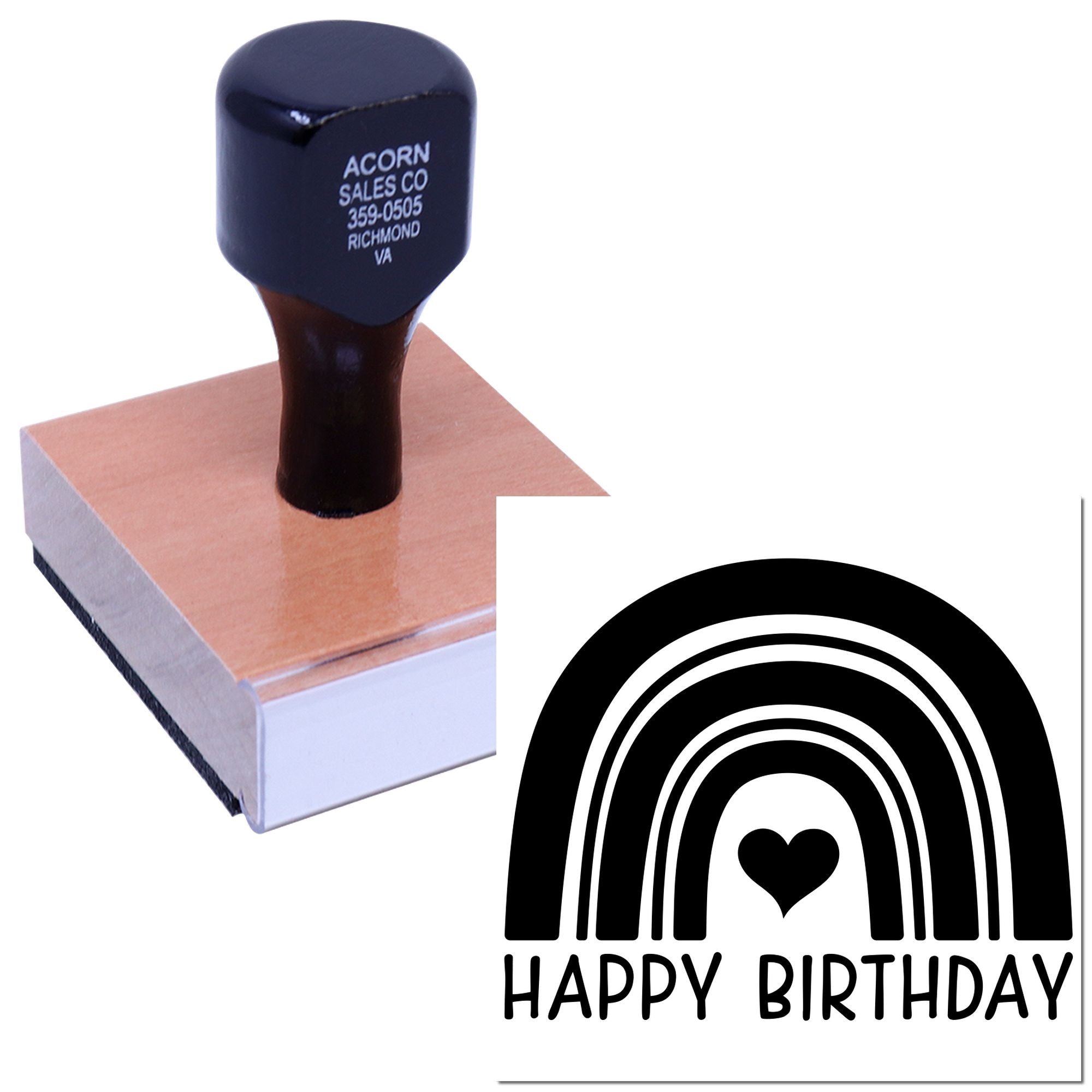 Personalized rubber stamp with Happy Birthday rainbow heart design for cards, crafts, and party invitations.