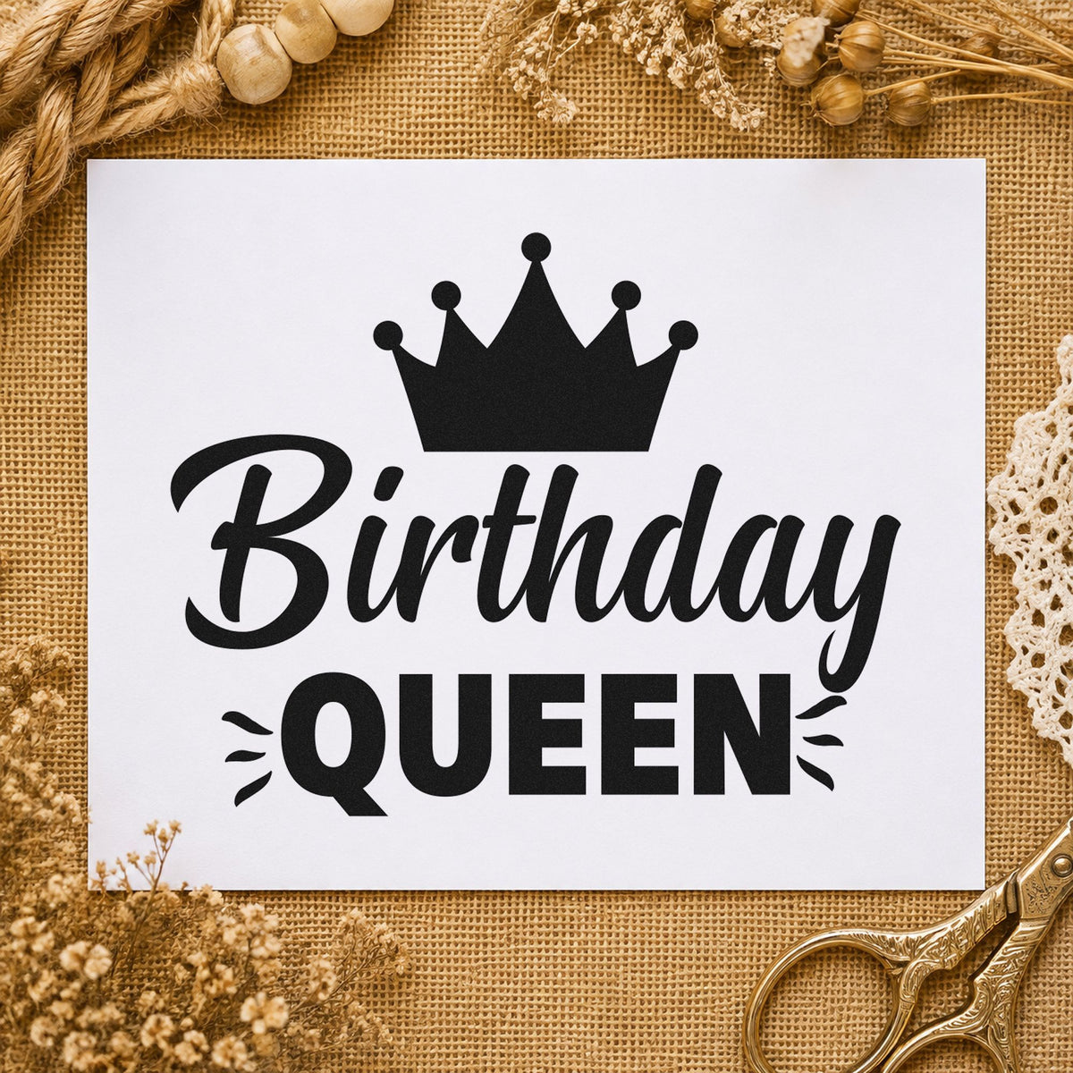 Birthday Queen Crown Graphic craft stamp imprint in black ink on a handmade project, one idea being breakfast gift tags.