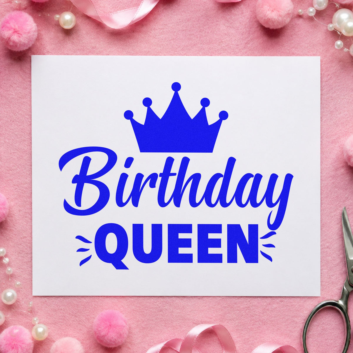 Birthday Queen Crown Graphic craft stamp imprinted in blue ink on paper, a design suited to framed kitchen shelf.