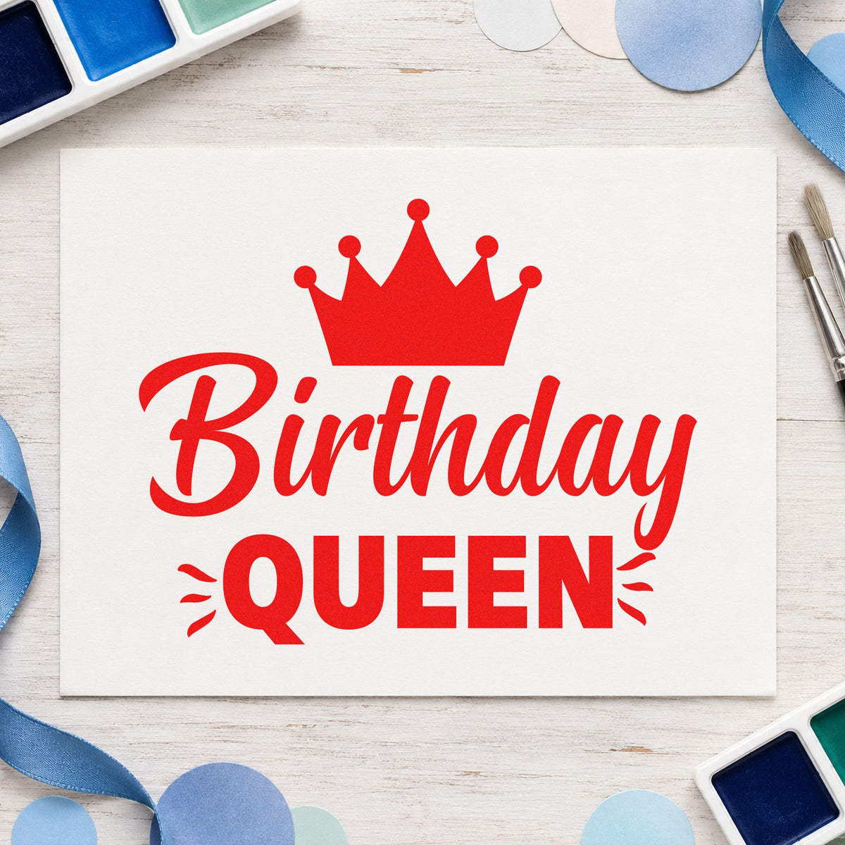 Birthday Queen Crown Graphic rubber stamp shown in red ink, stamped for projects such as bin decor labels.