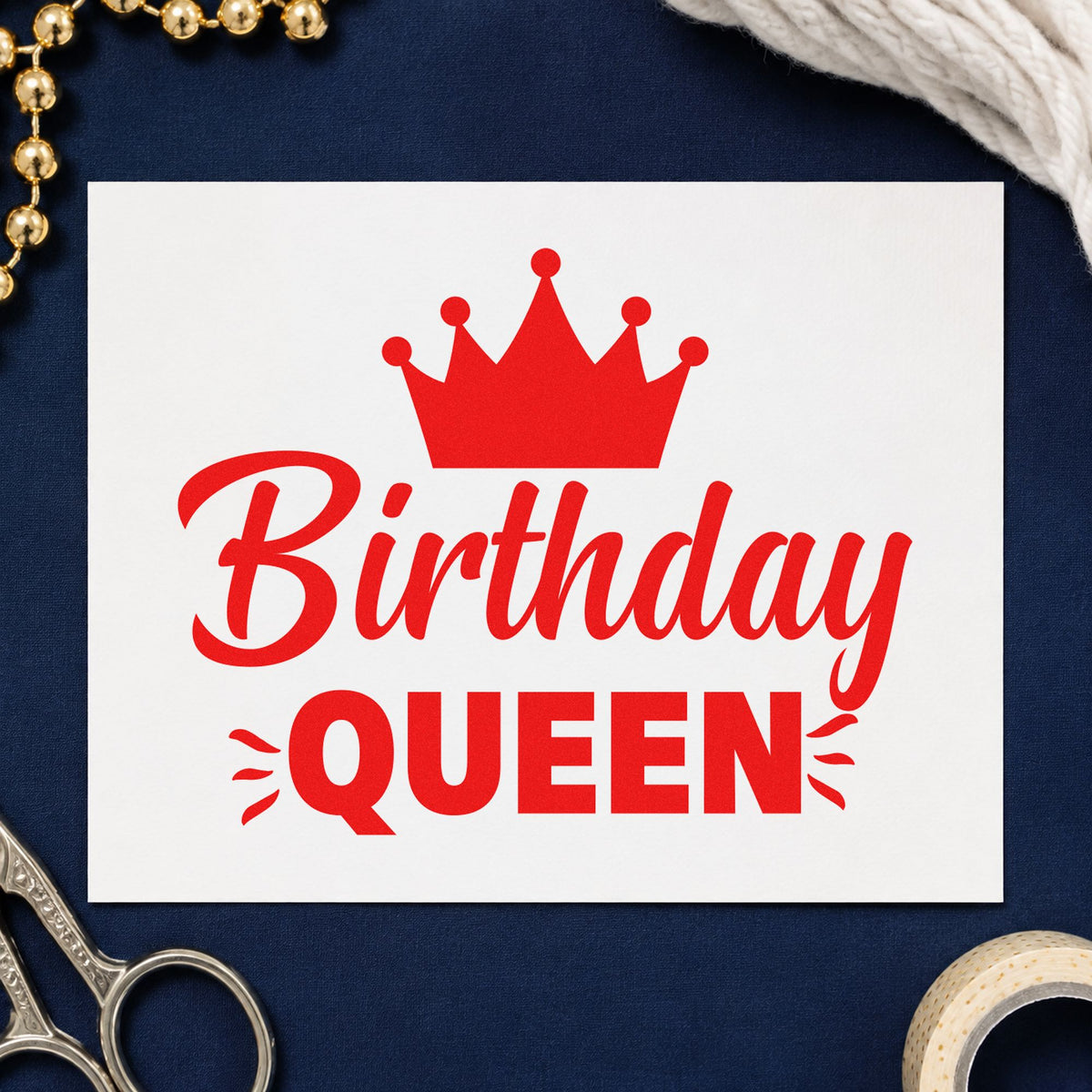 Birthday Queen Crown Graphic craft stamp imprint in red ink on a handmade project, one idea being reason list cards.