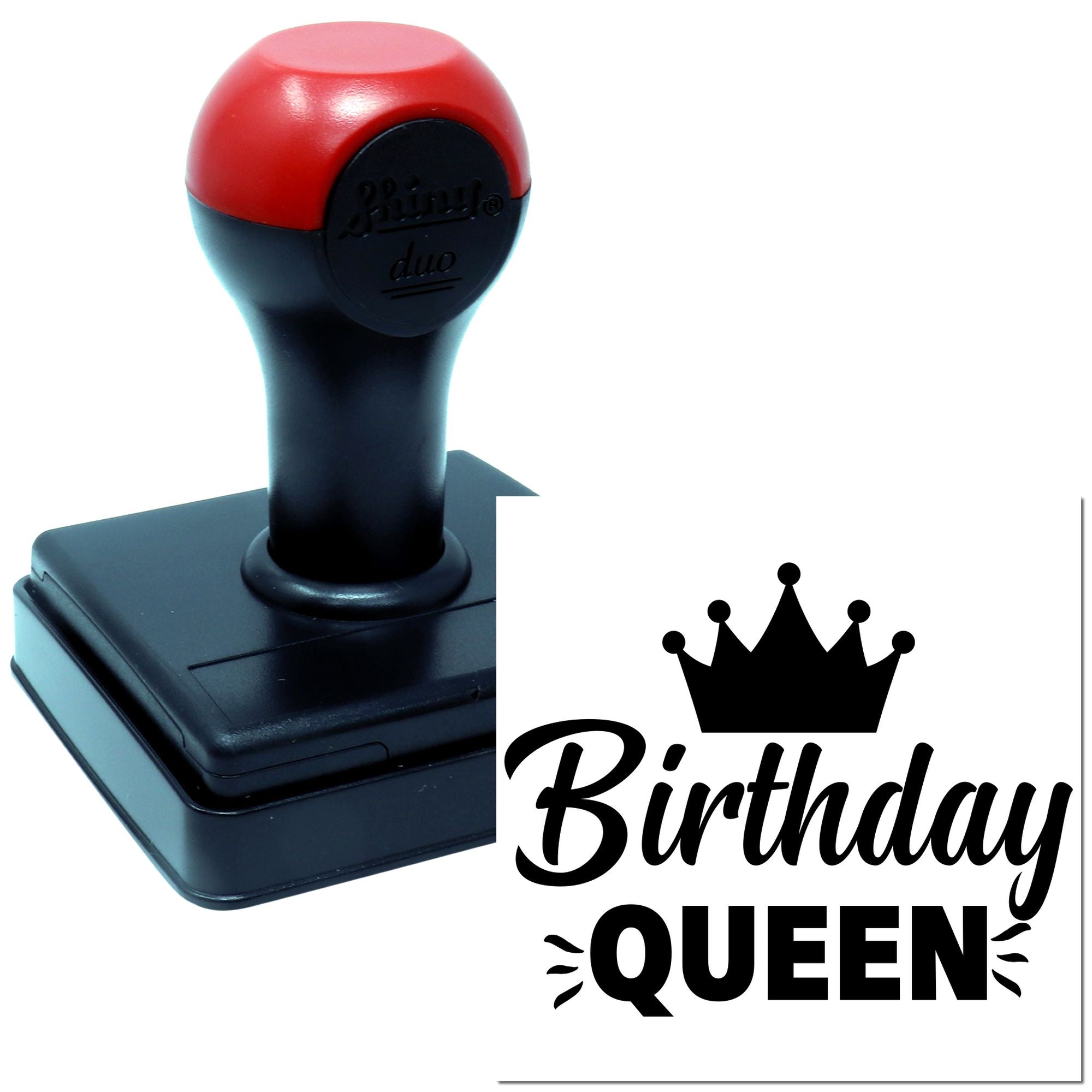 Birthday Queen self-inking rubber stamp with crown design, ideal for custom birthday cards, party favors, and crafting.