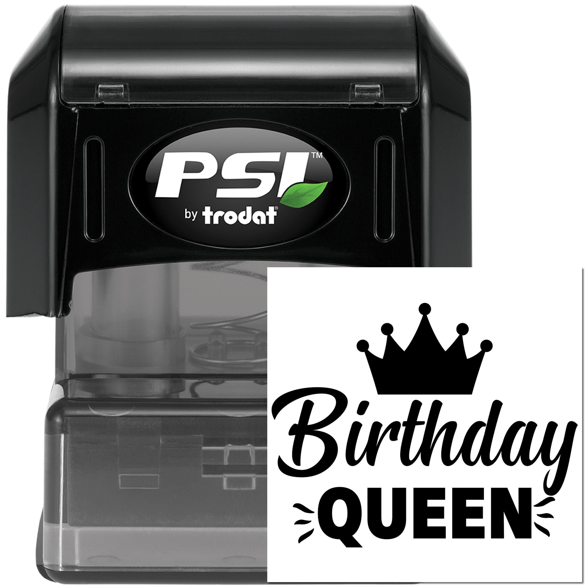 Birthday Queen self-inking rubber stamp by PSI Trodat for custom birthday cards, party favors, and celebration packaging.
