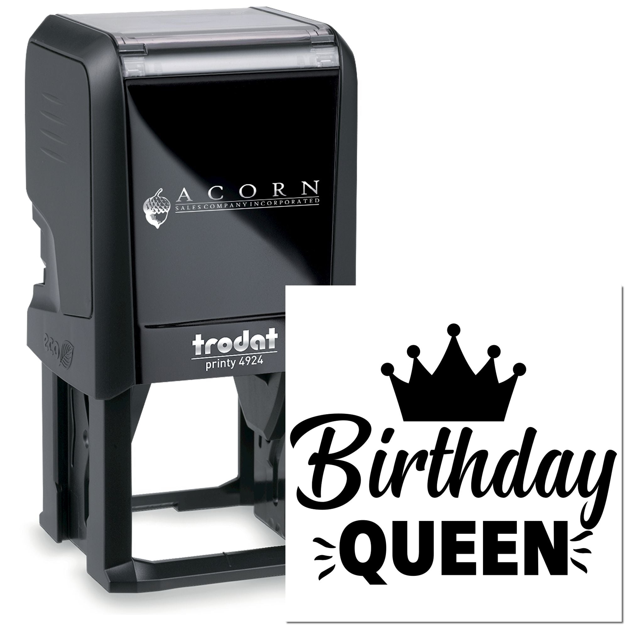 Personalized self-inking rubber stamp with Birthday Queen crown design, Trodat Printy 4924 for birthday cards and gifts.