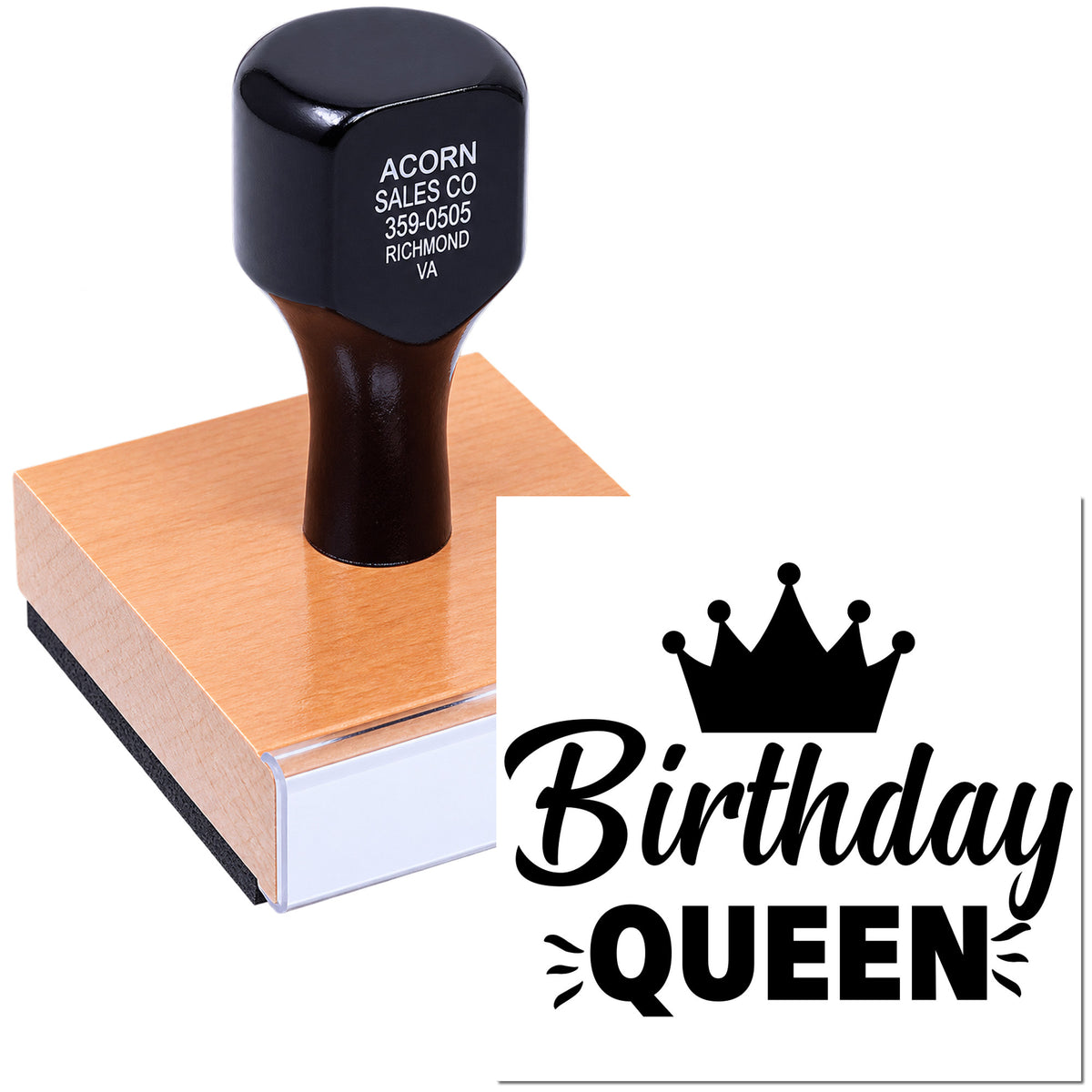 Birthday Queen custom rubber stamp with crown design for party invitations, cards, scrapbooking, and celebration crafts.