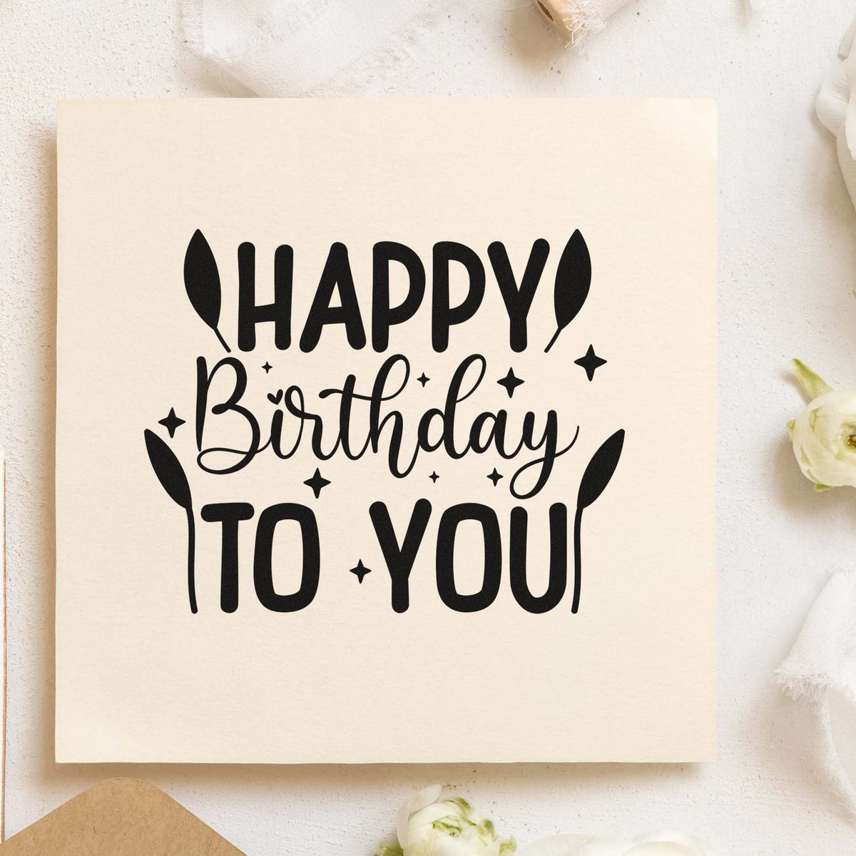 Happy Birthday To You Balloons Stamp - Premium Vintage Pro Wooden imprint stamped in black ink. HAPPY Birthday TO YOU appears with slim balloons and small sparkles.