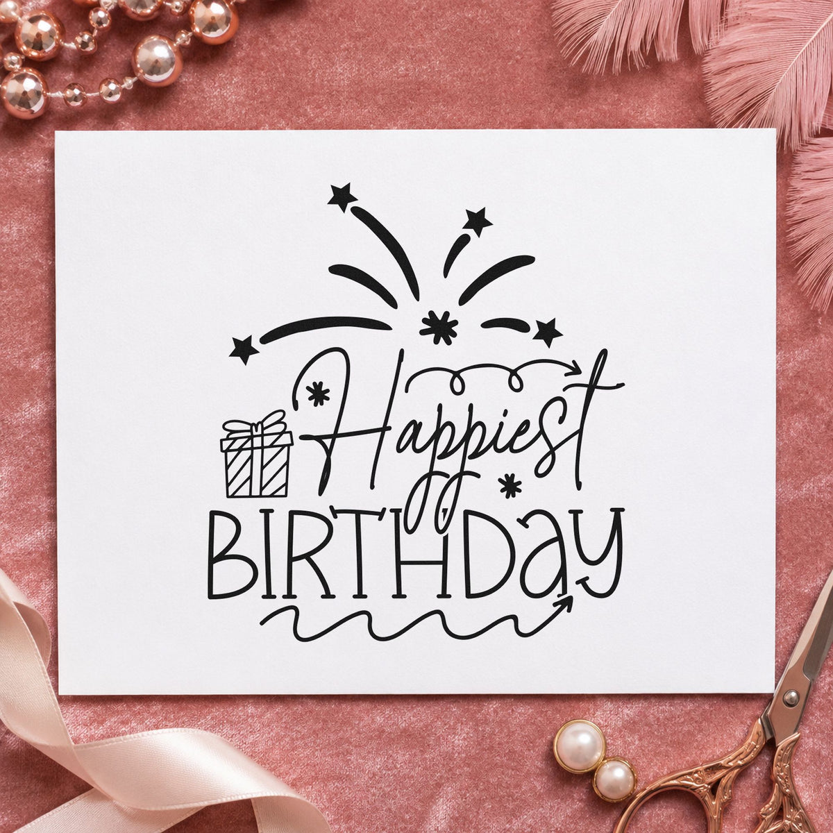Happiest Birthday Gift Fireworks craft stamp in black ink on cardstock, an easy option for cookout album page.