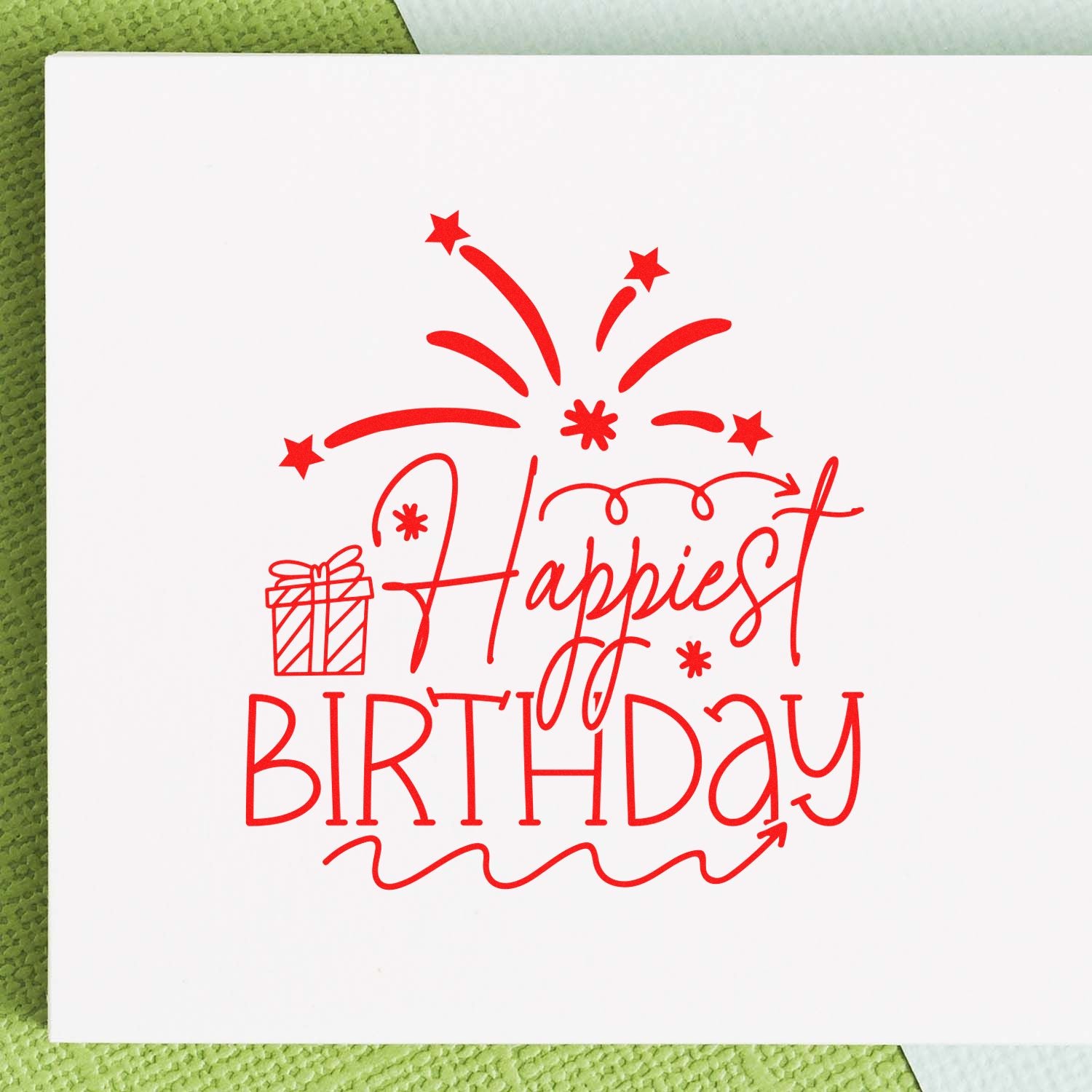 Happiest Birthday rubber stamp design with fireworks and gift icon for birthday cards, scrapbooking, and party crafts.