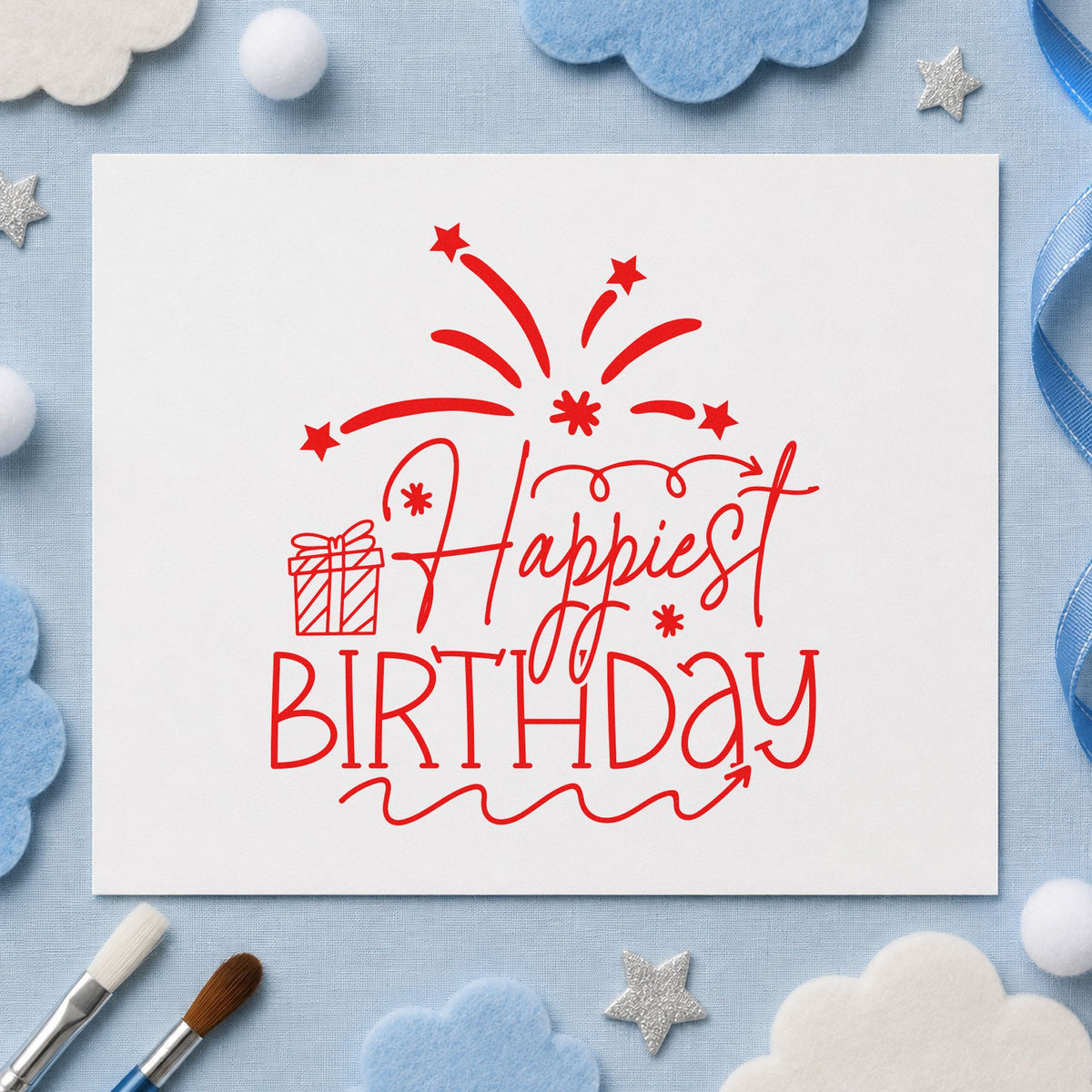 Happiest Birthday Gift Fireworks rubber stamp shown in red ink, stamped for projects such as bin serving labels.