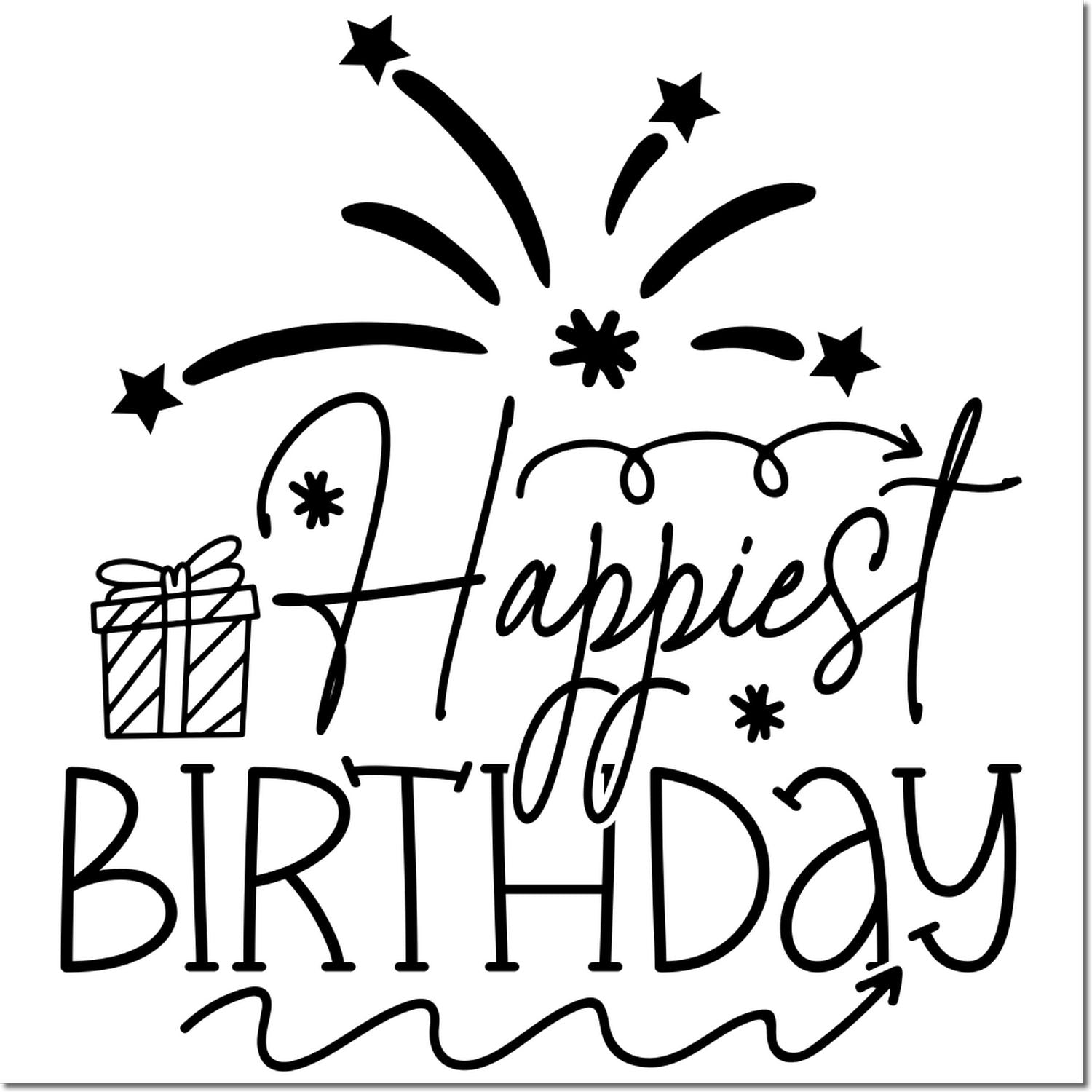Birthday rubber stamp design with gift box, fireworks, stars, and handwritten Happiest Birthday text.