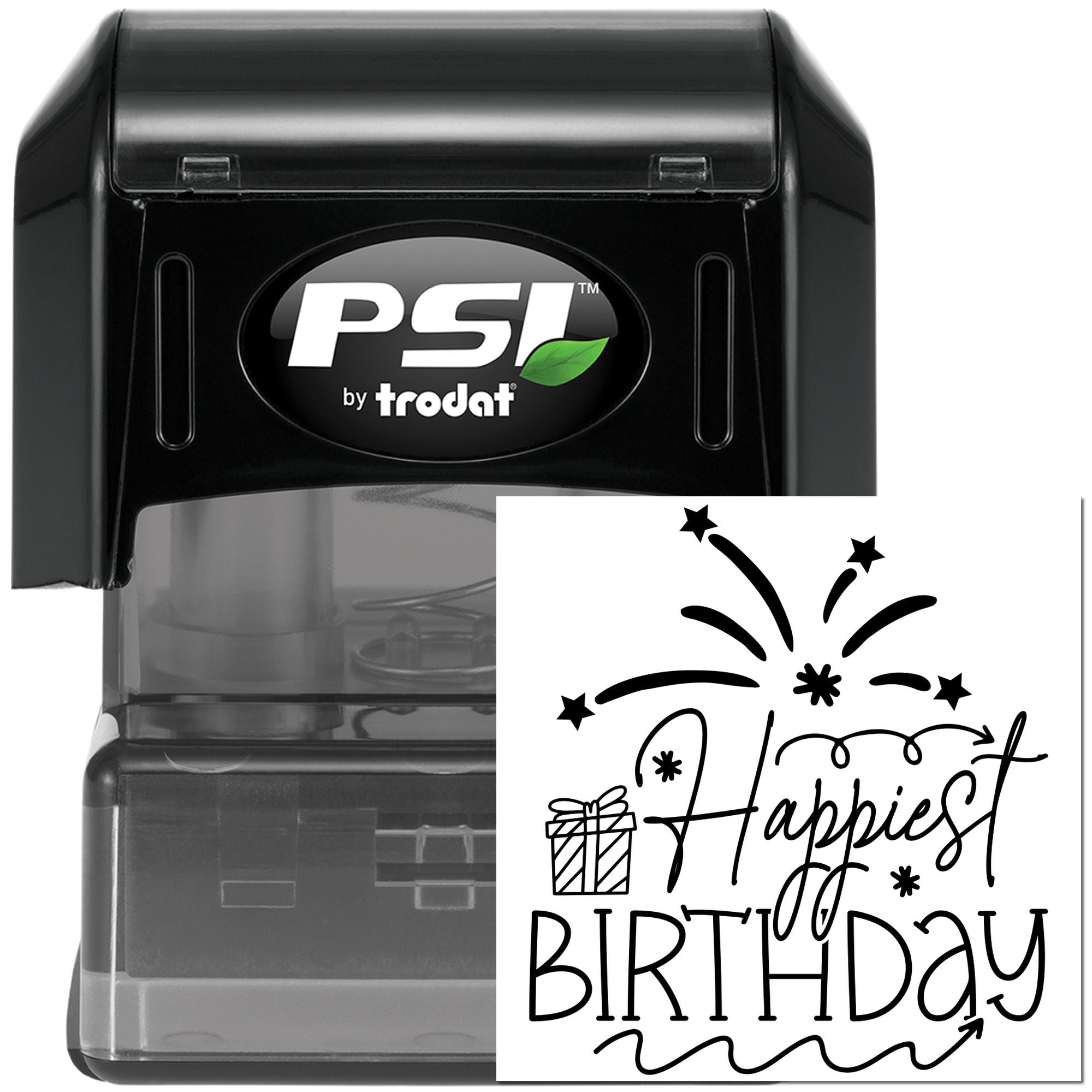 PSI by trodat self-inking rubber stamp with Happiest Birthday design for custom birthday cards, gifts, and party invitations
