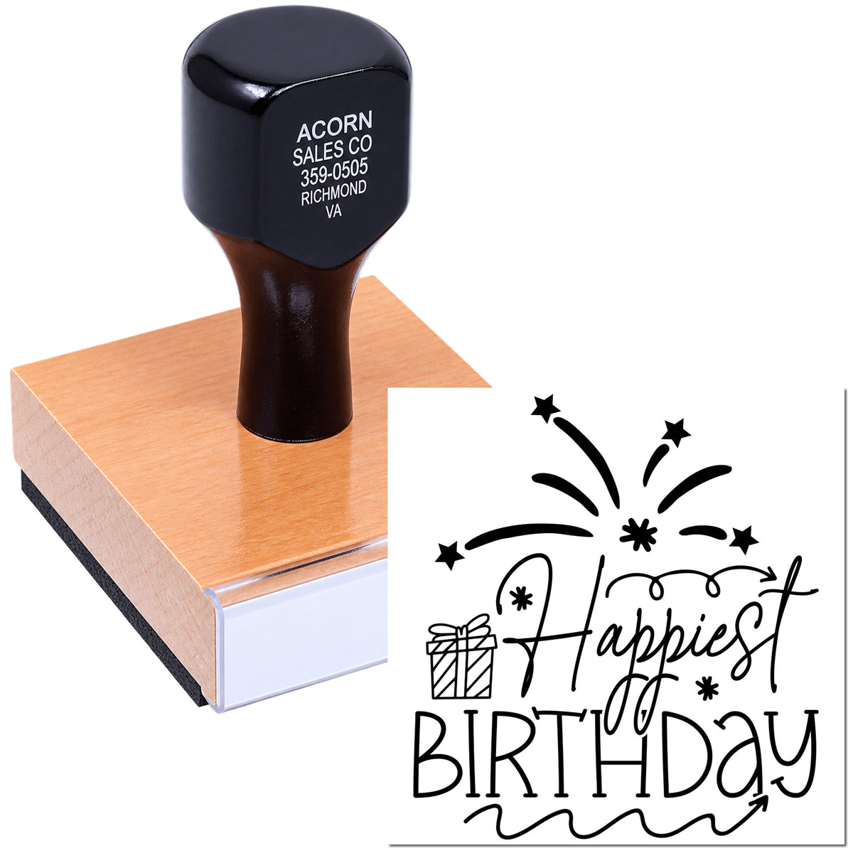 Custom rubber stamp with Happiest Birthday design, fireworks and gift icon, ideal for personalized birthday cards and crafts.