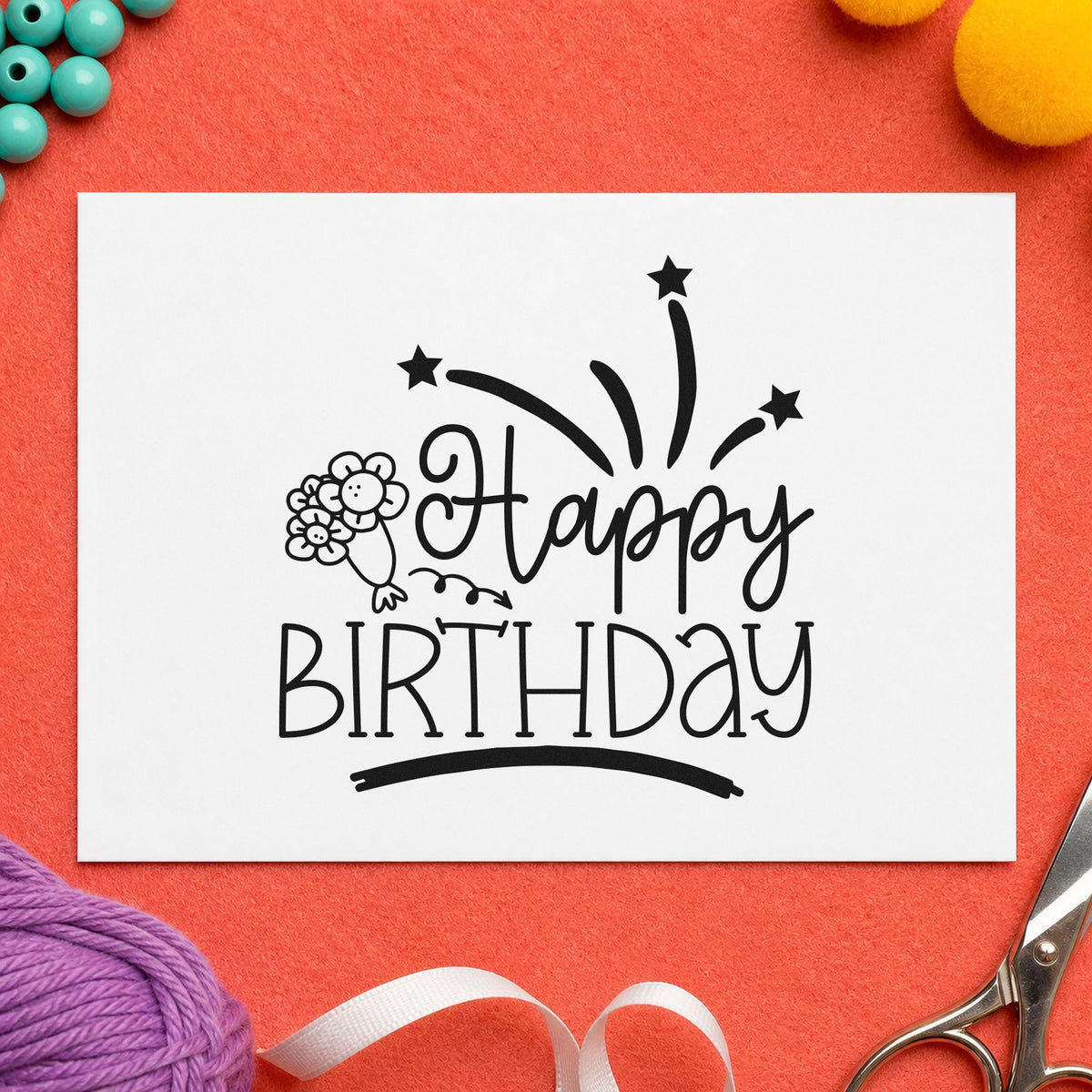 Happy Birthday Flowers Fireworks craft stamp in black ink on cardstock, an easy option for subscription album page.