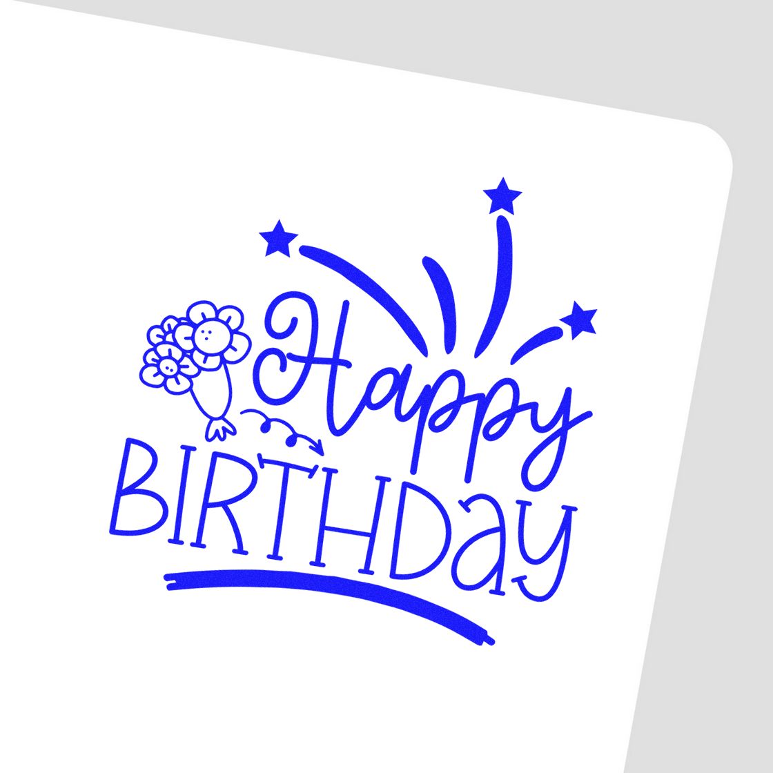 Happy Birthday rubber stamp design with flowers and fireworks, perfect for birthday cards, crafts, and scrapbooking.