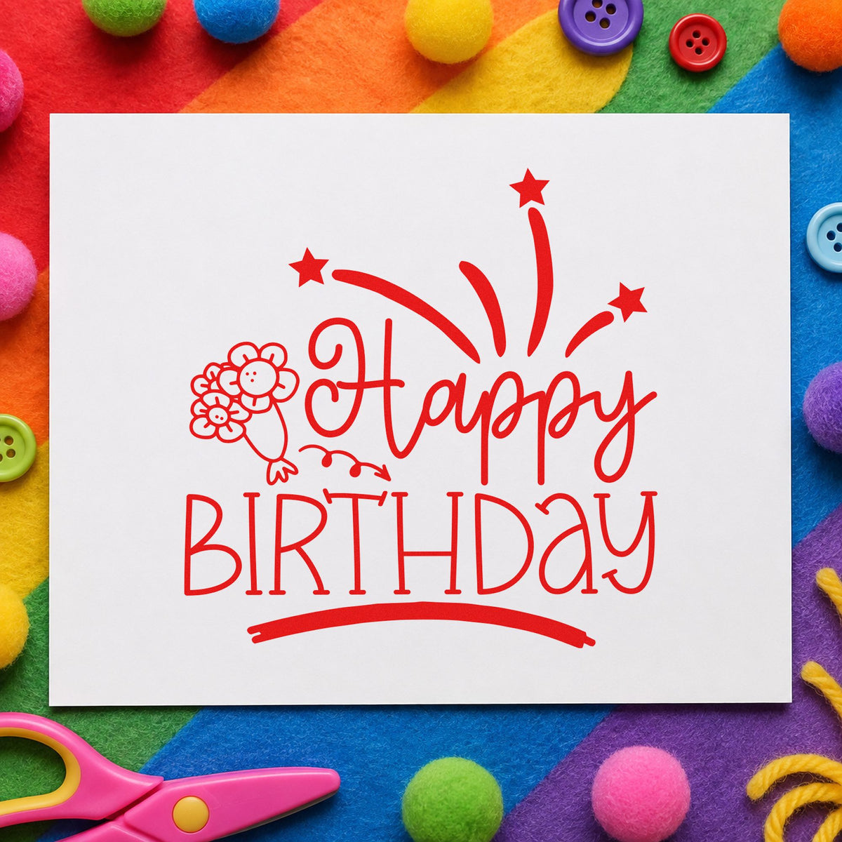 Happy Birthday Flowers Fireworks rubber stamp shown in red ink, stamped for projects such as bucket bloom labels.