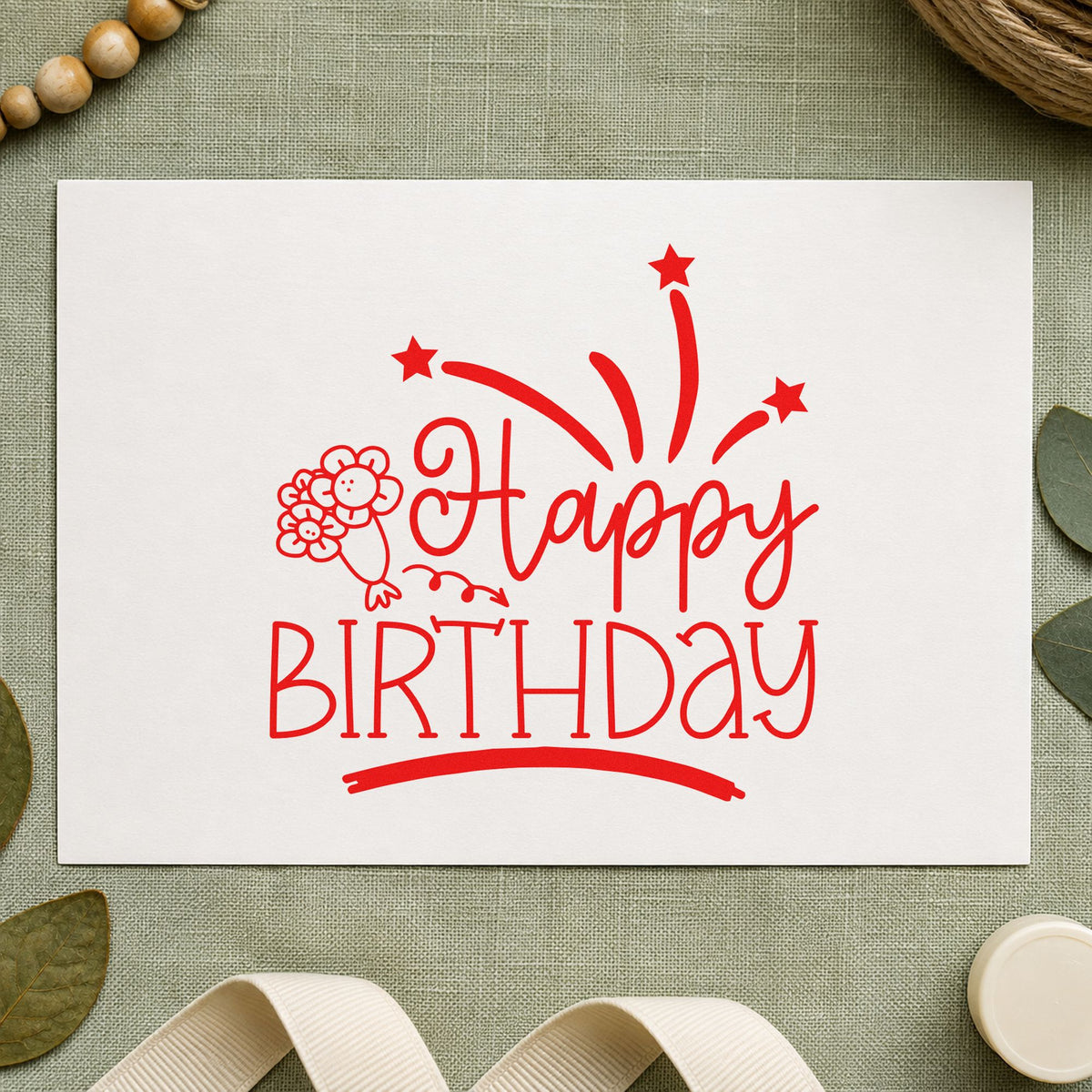 Happy Birthday Flowers Fireworks craft stamp imprint in red ink on a handmade project, one idea being care note cards.