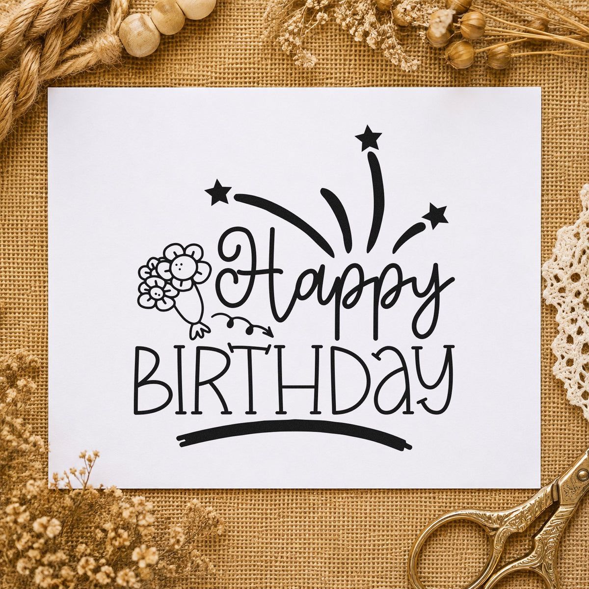 Happy Birthday Flowers Fireworks rubber stamp printed in black ink, ready for shooting star cards and similar paper crafts.
