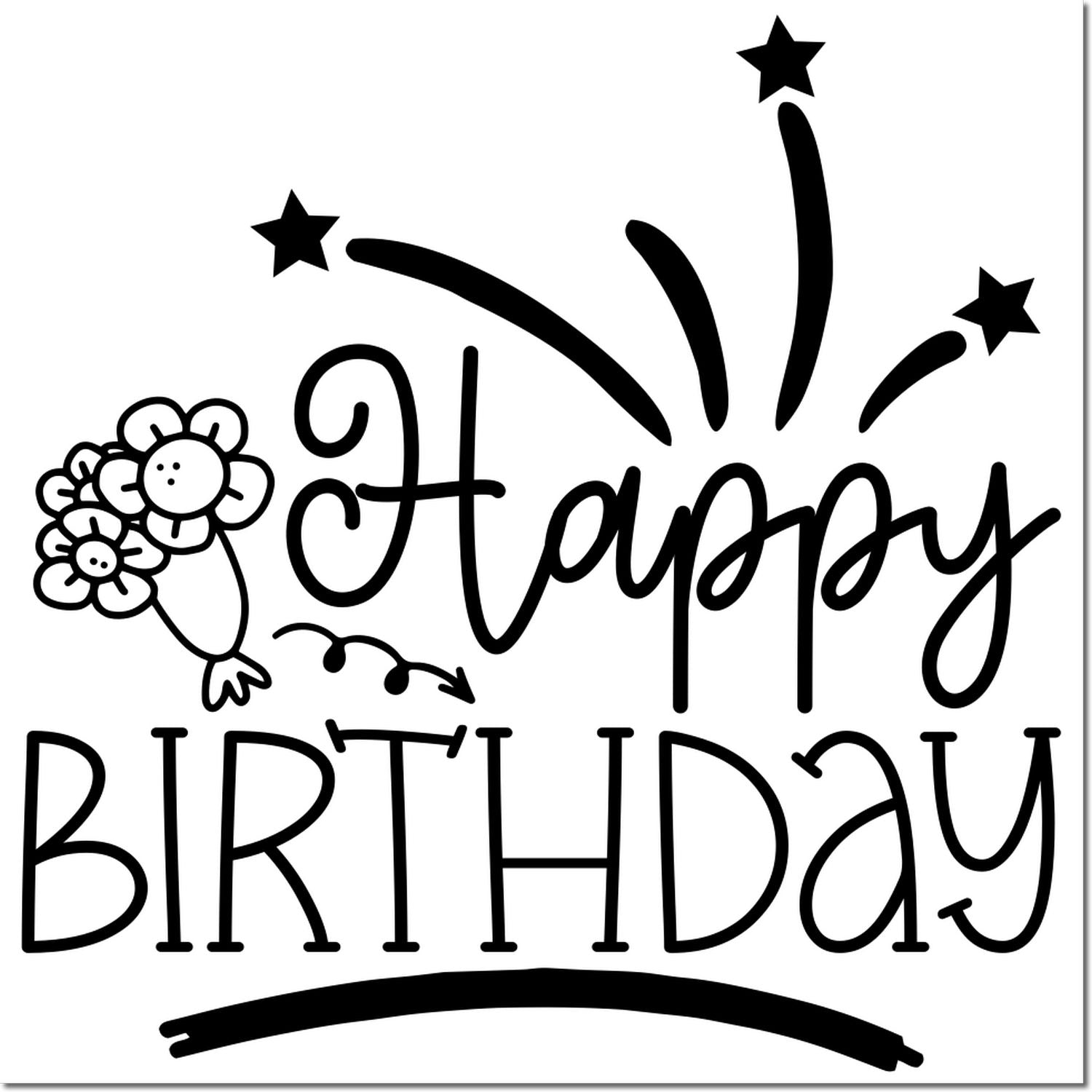 Happy Birthday rubber stamp design with flowers, stars, and fireworks for birthday cards and craft projects.