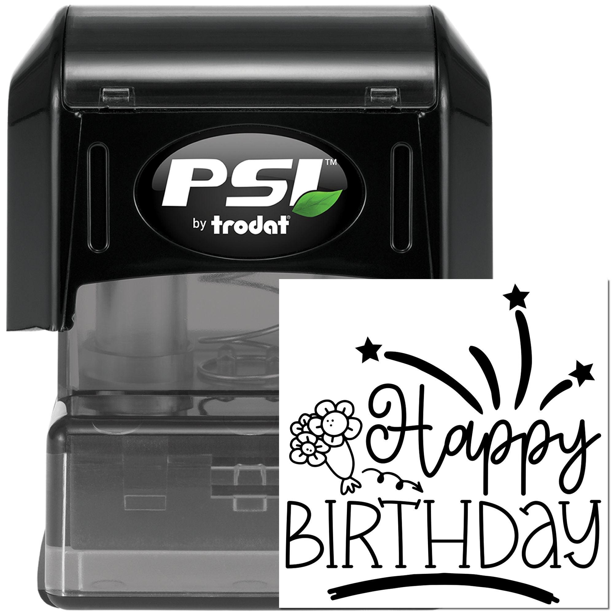 PSI by Trodat self-inking rubber stamp with Happy Birthday design for cards, crafts, and party invitations.