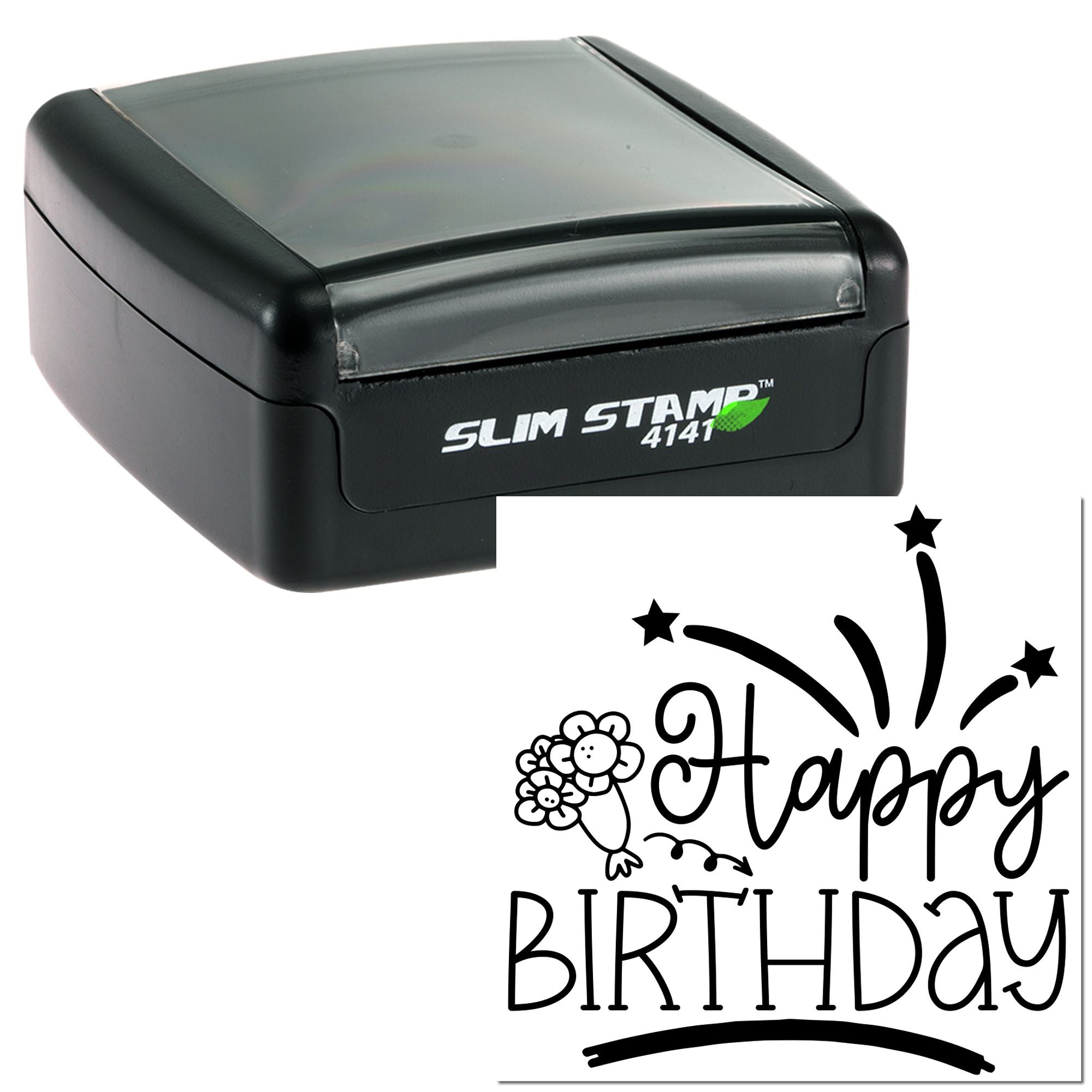 Slim Stamp 4141 self-inking rubber stamp with Happy Birthday design for cards, invitations, and birthday crafts.