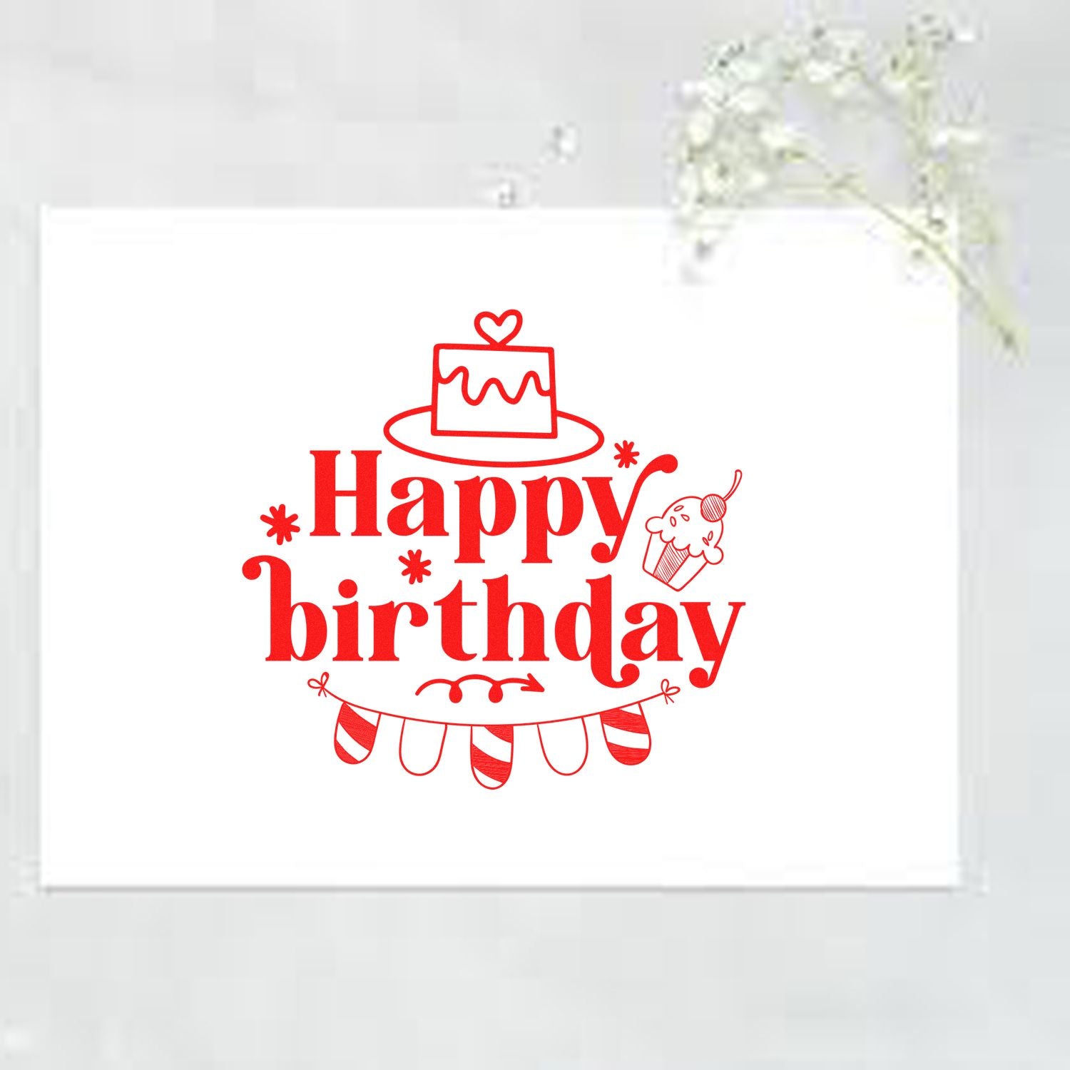Happy birthday rubber stamp design with cake, cupcake and bunting for greeting cards, party invitations and scrapbooking.