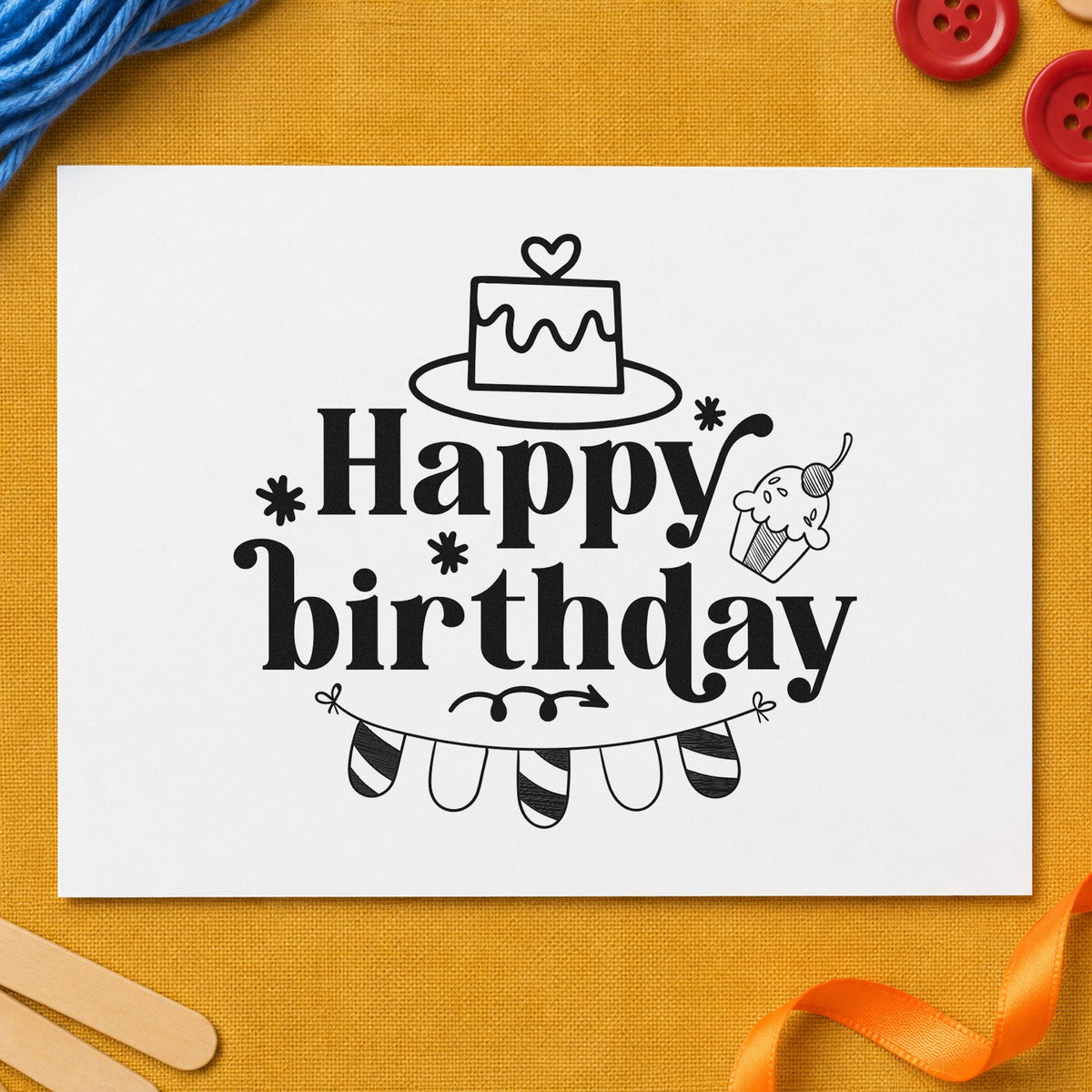 Happy Birthday Cake Bunting craft stamp imprint in black ink on a handmade project, one idea being overnight bag tags.
