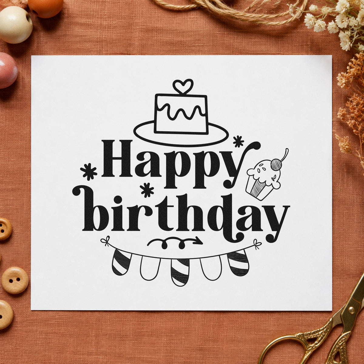 Happy Birthday Cake Bunting rubber stamp printed in black ink, ready for night plan sheet and similar paper crafts.