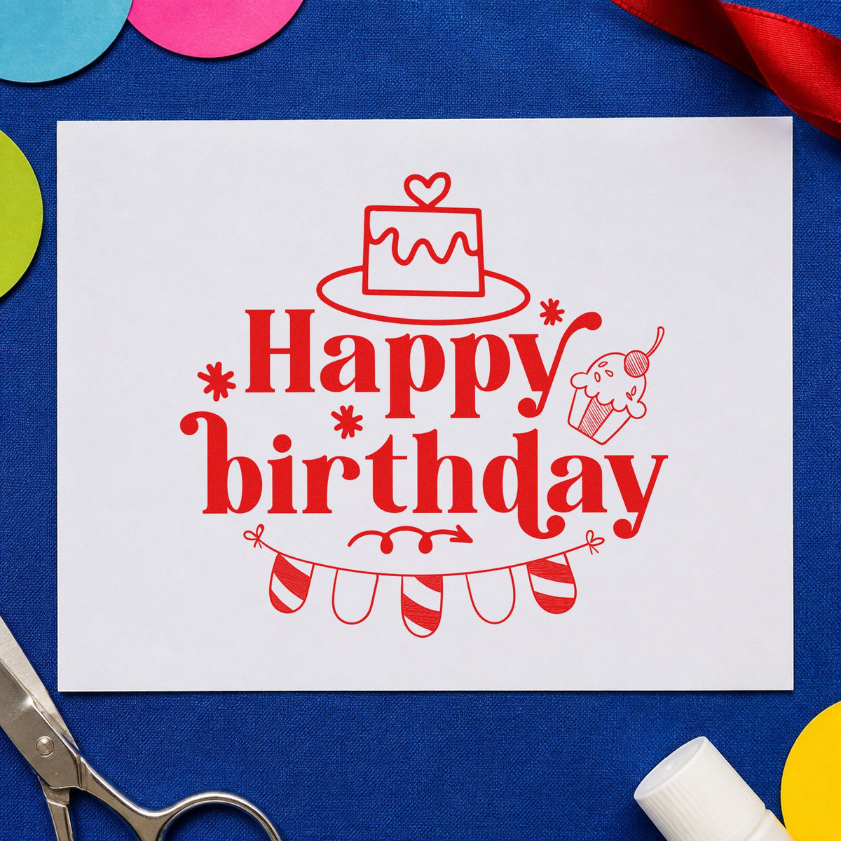 Happy Birthday Cake Bunting rubber stamp shown in red ink, stamped for projects such as bin snack labels.