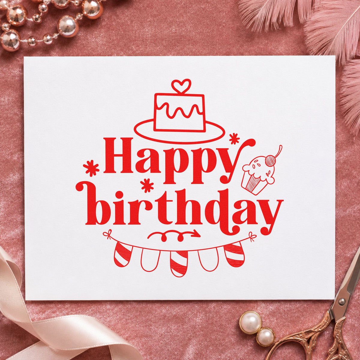 Happy Birthday Cake Bunting craft stamp imprint in red ink on a handmade project, one idea being midnight game cards.