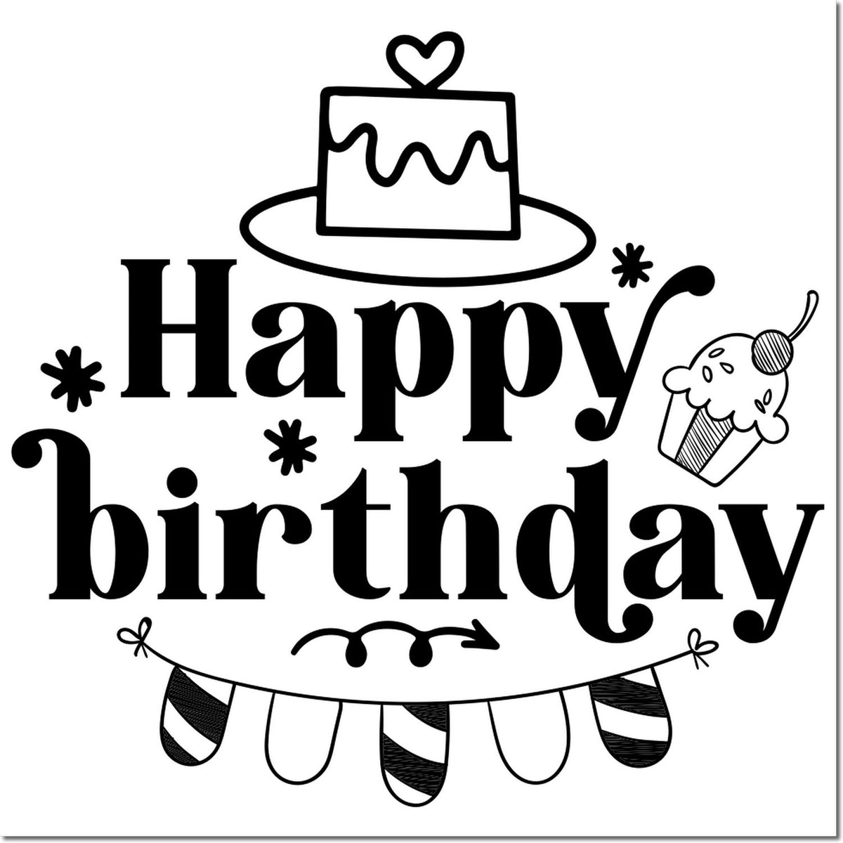 Happy Birthday rubber stamp design with cake, cupcake, and party banner.