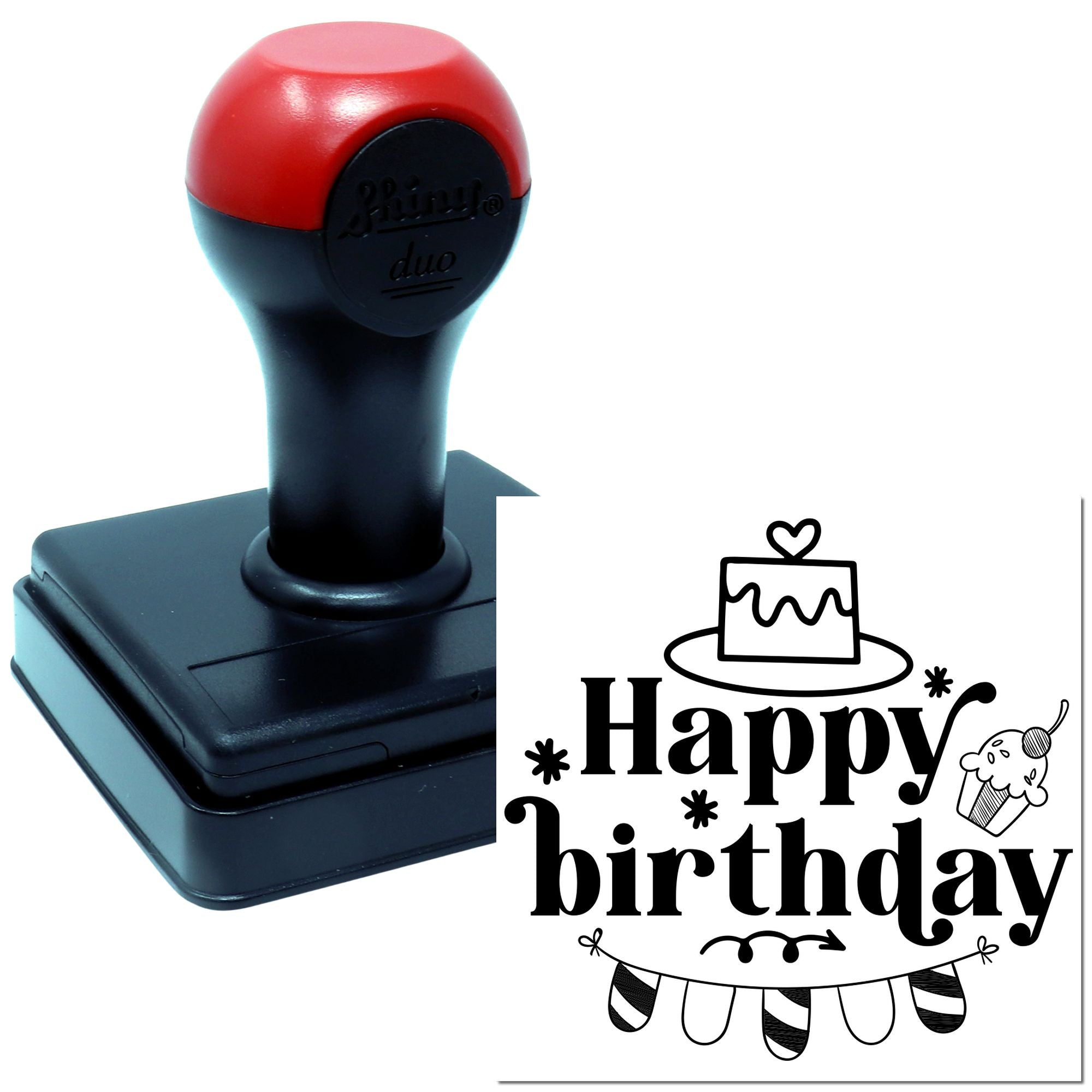 Custom self-inking Happy Birthday rubber stamp with cake design for cards, invitations, and party packaging.