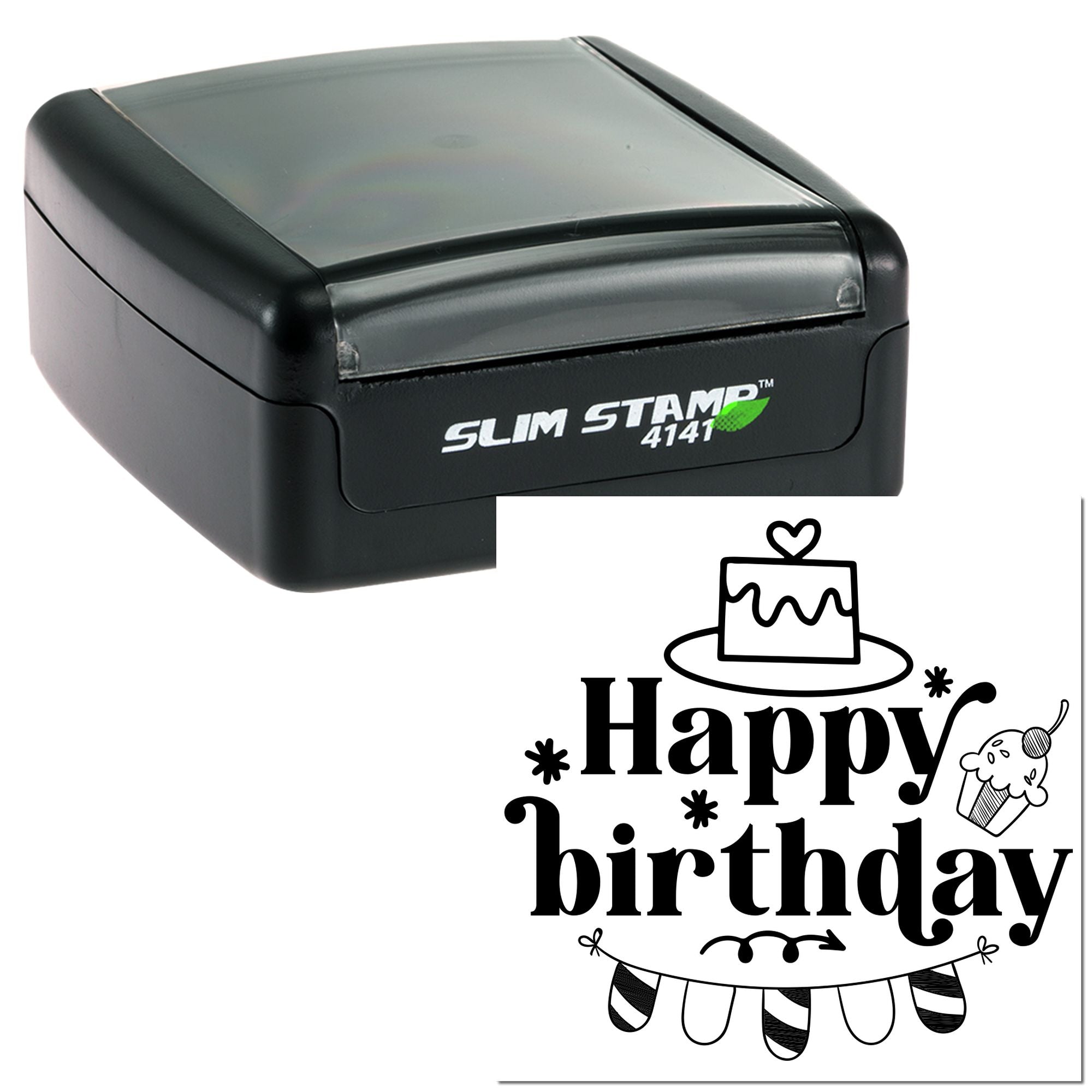 Slim Stamp self-inking rubber stamp with Happy Birthday cake design for custom birthday cards and party packaging.