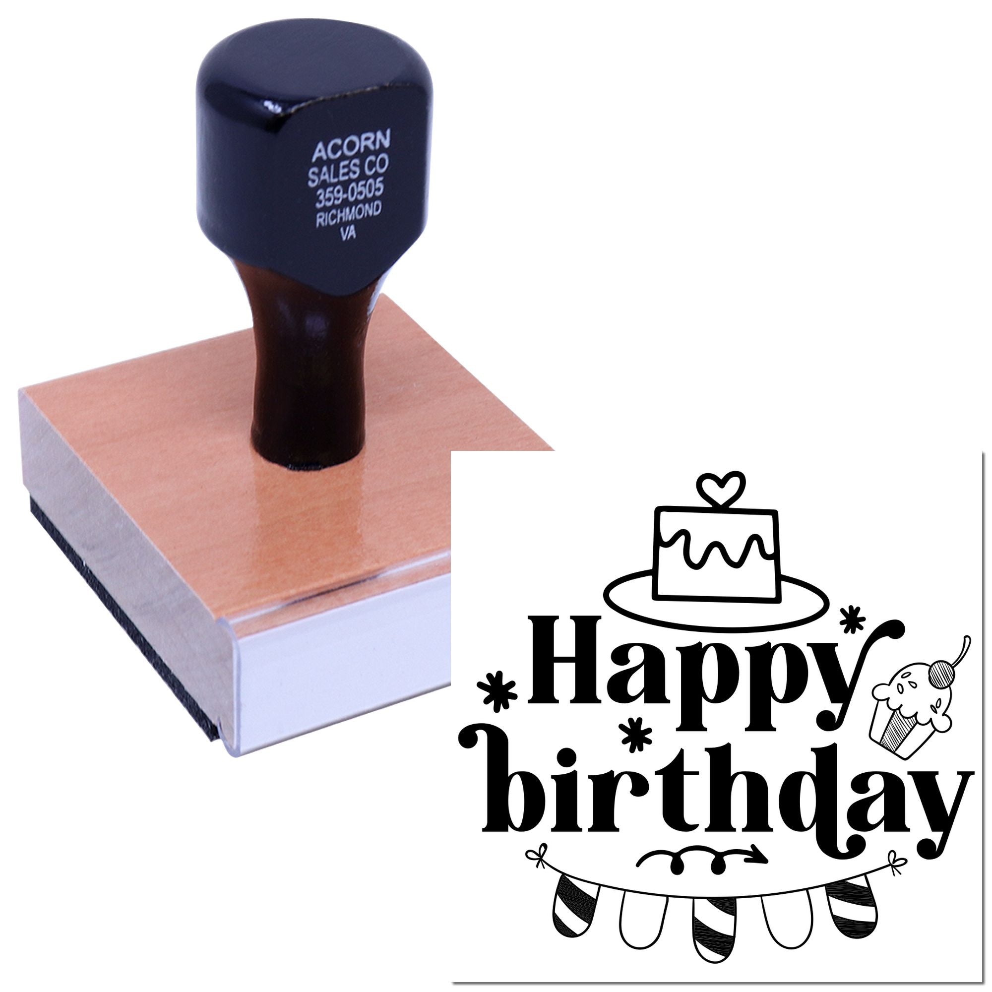 Happy birthday rubber stamp on wood block, ideal for greeting cards, crafts, and custom birthday packaging.