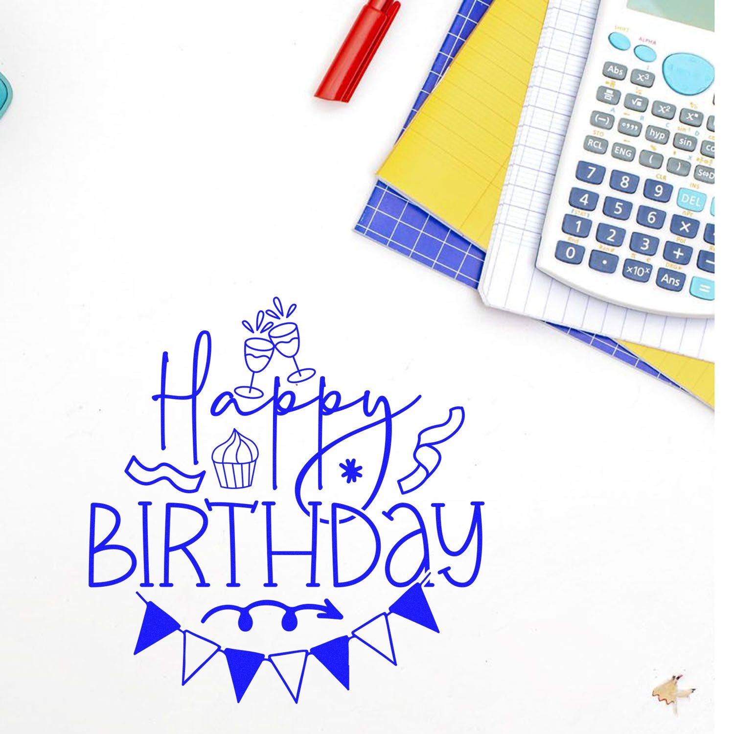 Happy Birthday rubber stamp design with party icons, ideal for birthday cards and craft projects.