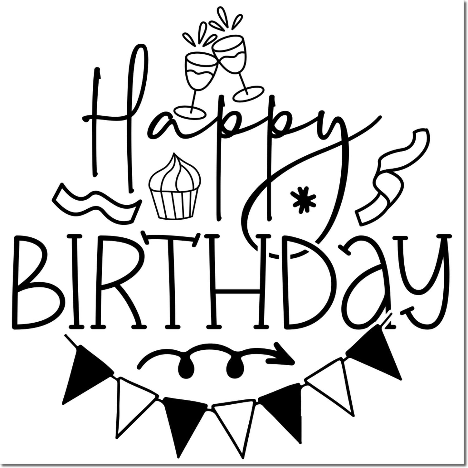 Happy Birthday rubber stamp design with champagne glasses, cupcake, bunting, and confetti for party cards and crafts.