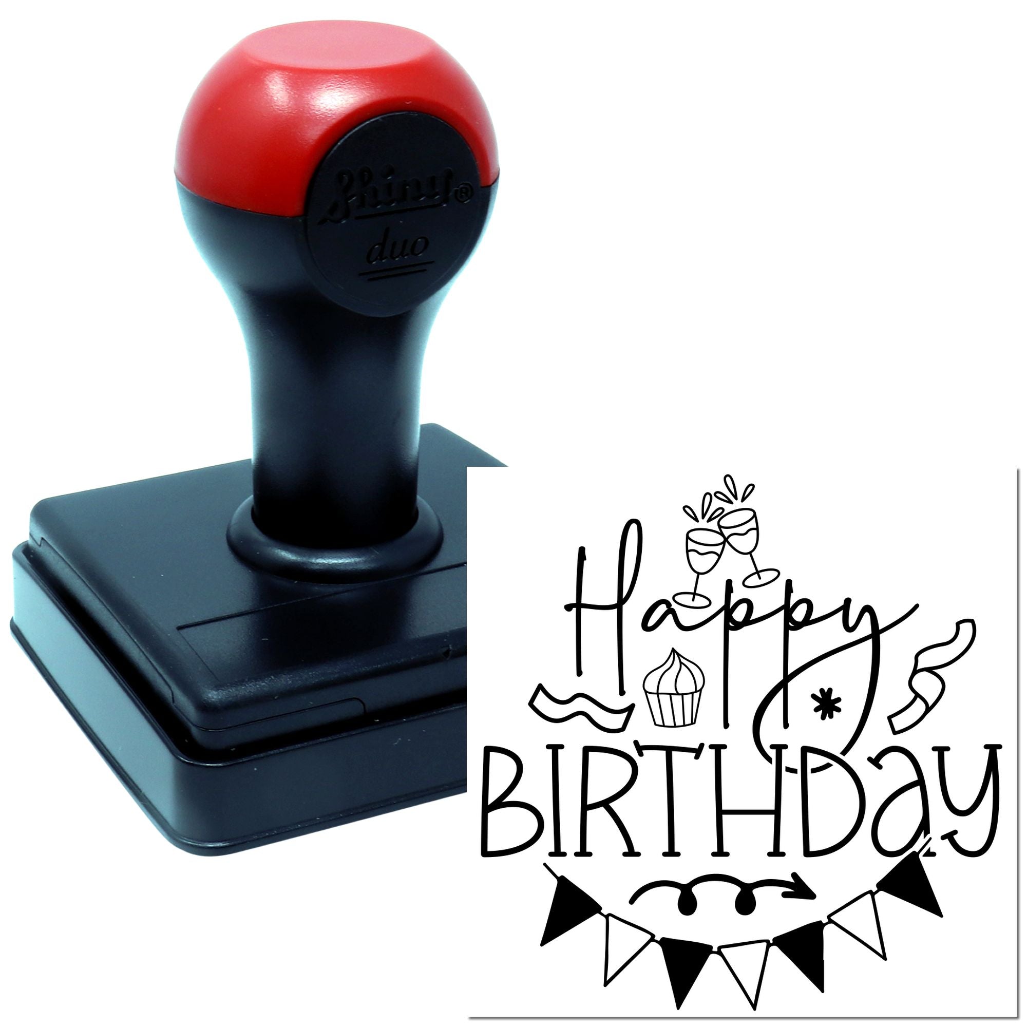 Self-inking Happy Birthday rubber stamp with festive party icons for birthday cards, scrapbooking, and crafting.