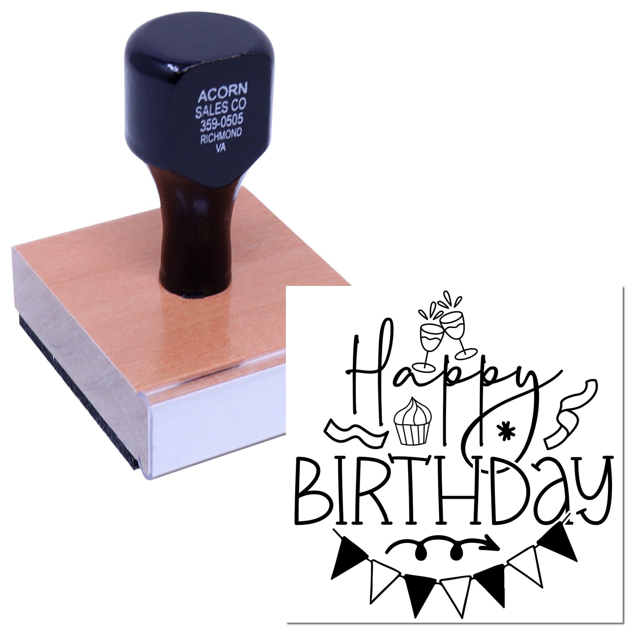 Custom Happy Birthday rubber stamp on wood block for handmade birthday cards, party invitations, and DIY craft projects.
