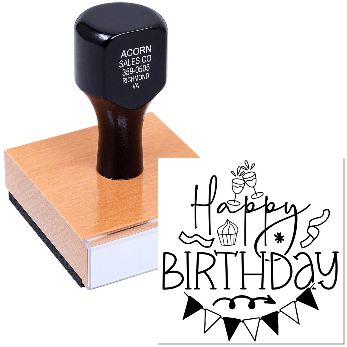 Custom Happy Birthday rubber stamp on wood block for handmade birthday cards, party invitations, and DIY craft projects.