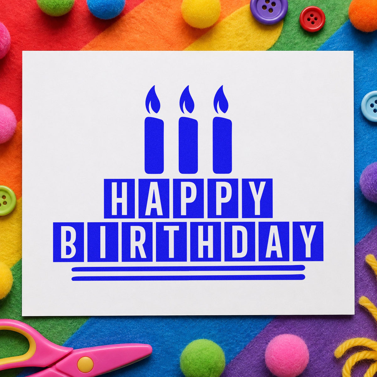 Birthday Block Candle Cake craft stamp in blue ink on cardstock, an easy option for bench banner printing.