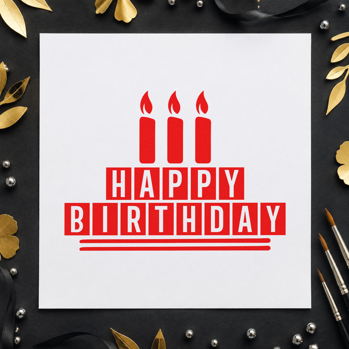 Birthday Block Candle Cake craft stamp imprint in red ink on a handmade project, one idea being squad sign cards.