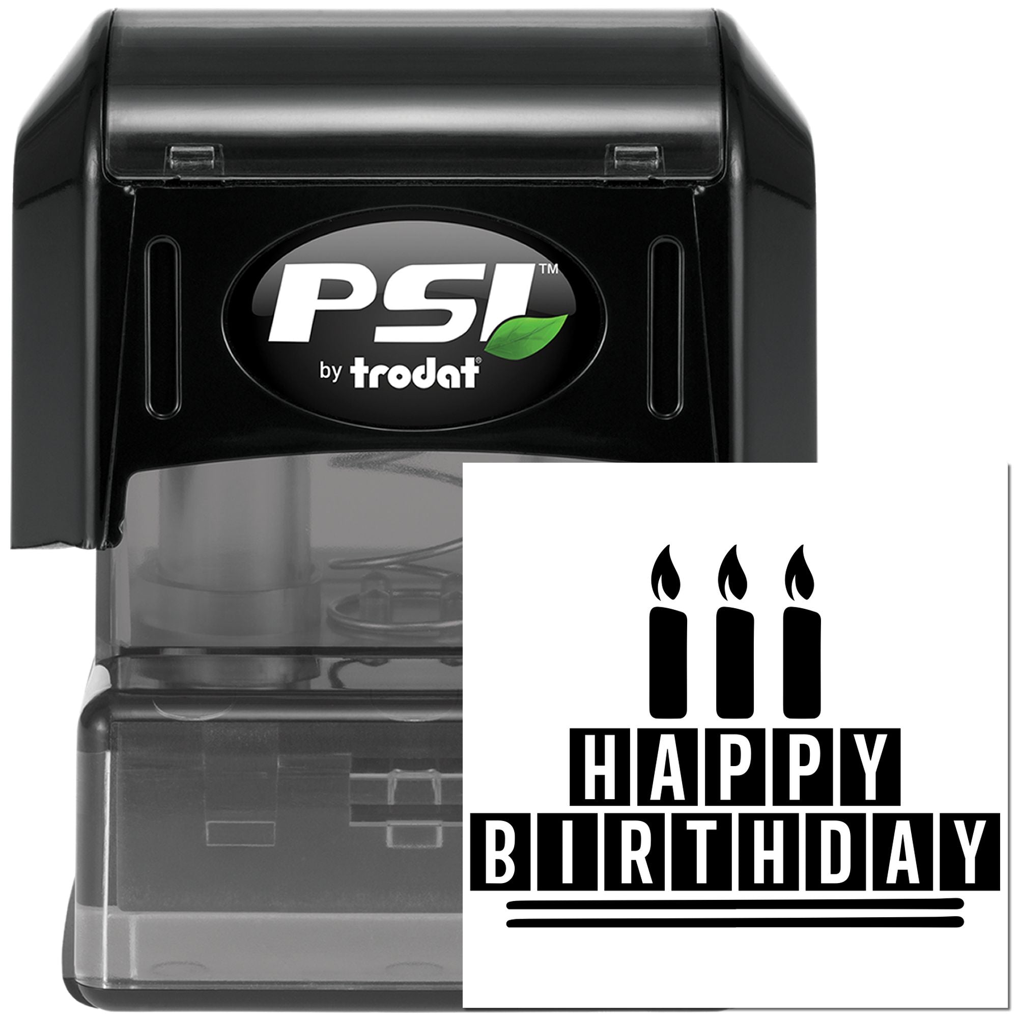 PSI by Trodat self-inking rubber stamp with Happy Birthday candle design for custom birthday cards and party mailings.