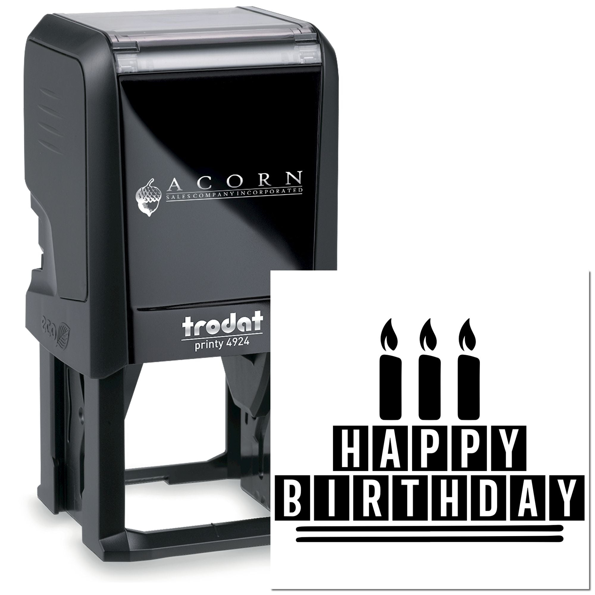 Custom Happy Birthday self-inking rubber stamp, Trodat Printy 4924, for personalized birthday cards and business mailings.