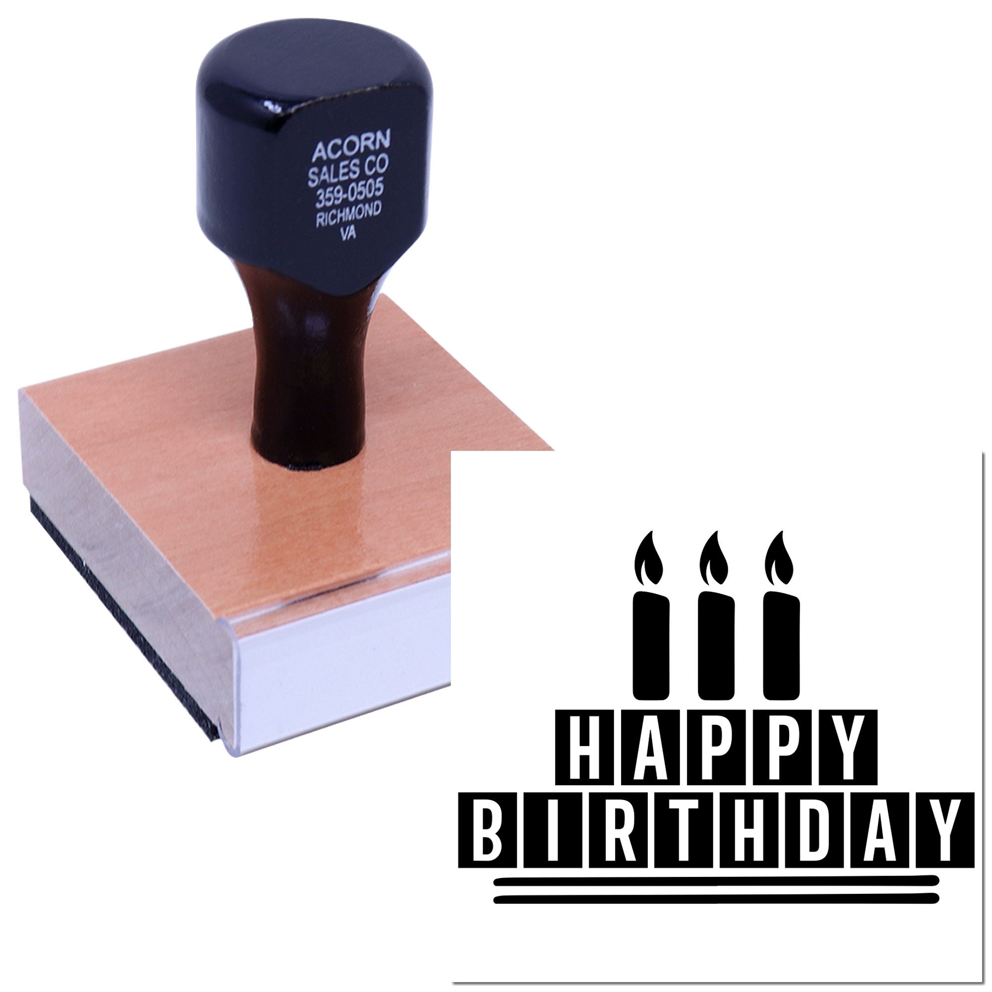 Custom Happy Birthday rubber stamp on a wood-mounted block for cards, crafts, and party packaging.