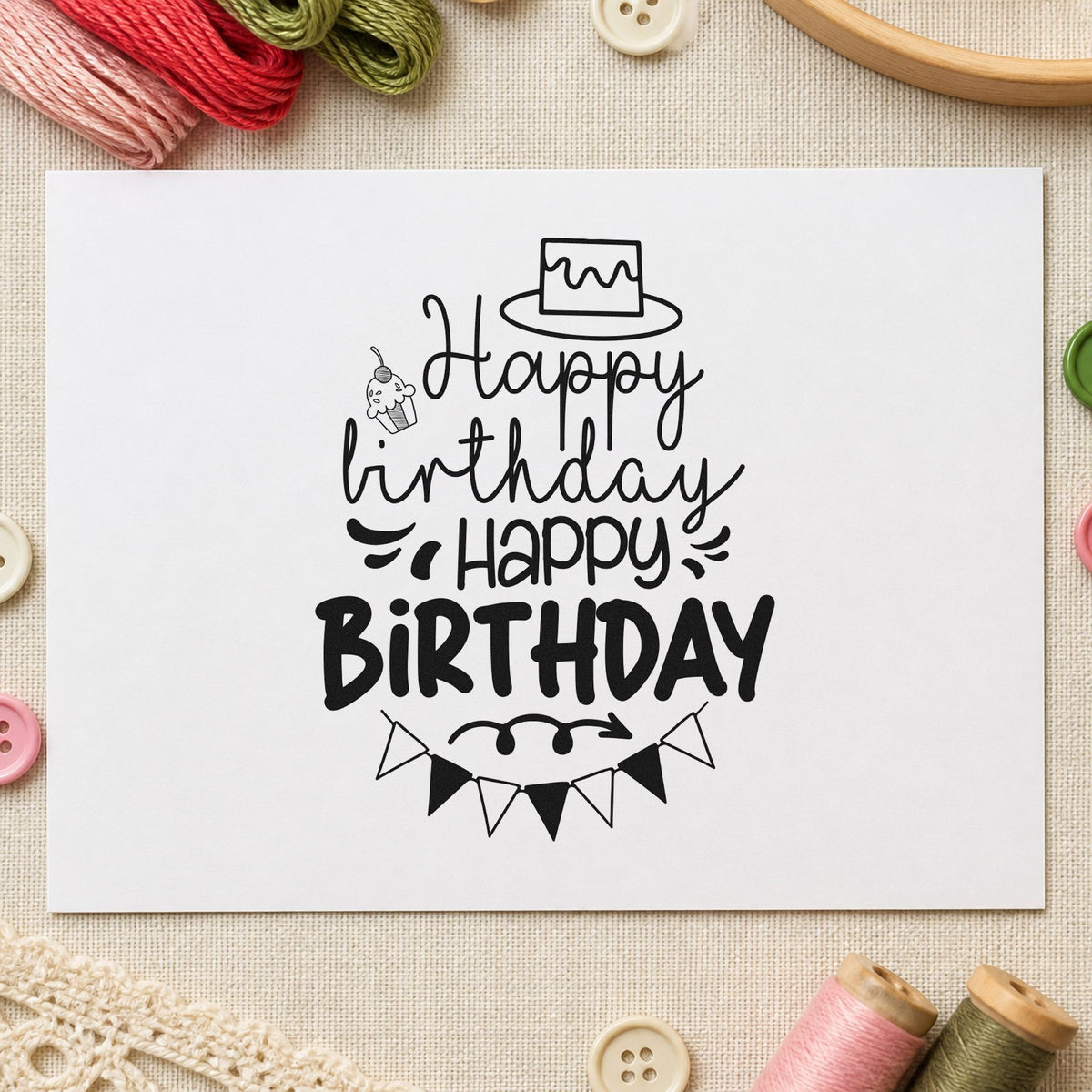 Repeated Birthday Cake Bunting rubber stamp printed in black ink, ready for event book sheet and similar paper crafts.