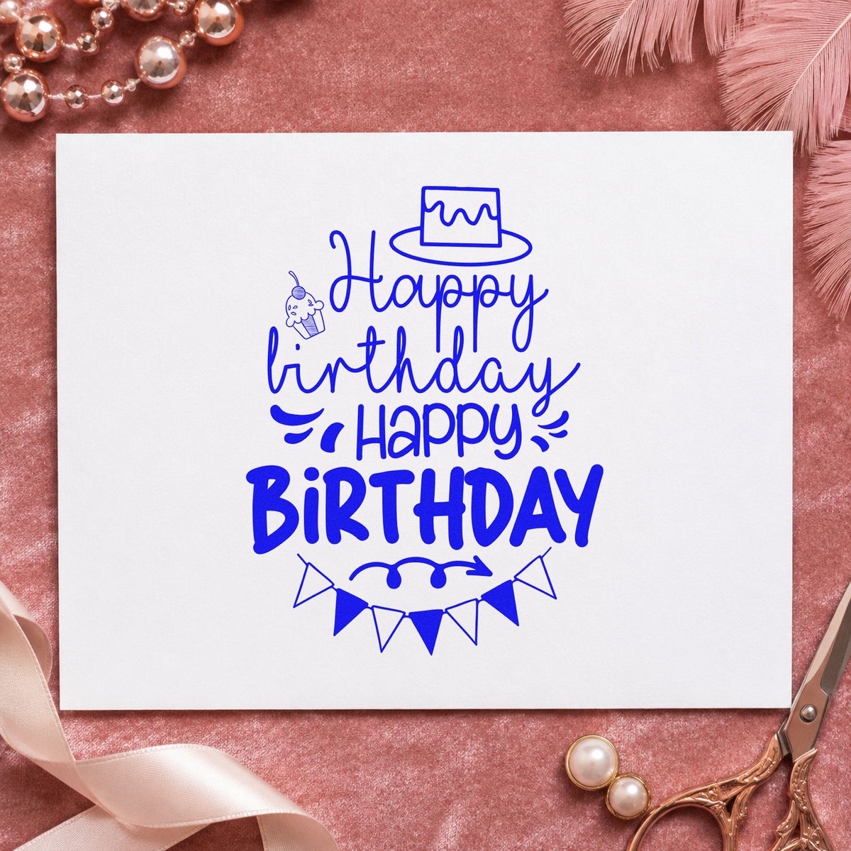 Repeated Birthday Cake Bunting craft stamp imprinted in blue ink on paper, a design suited to framed booth front.