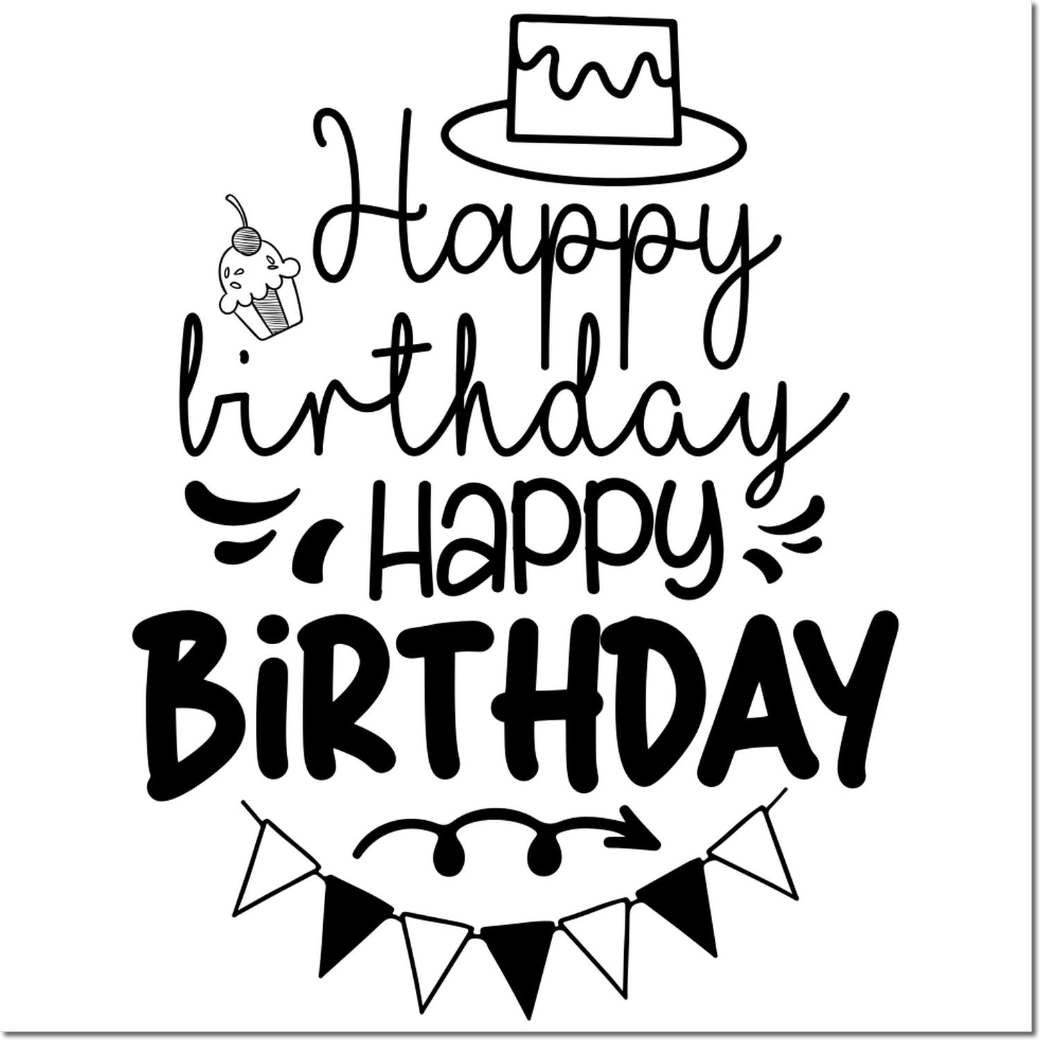 Happy Birthday rubber stamp design with cake, cupcake and bunting for birthday cards, scrapbooking and party crafts.